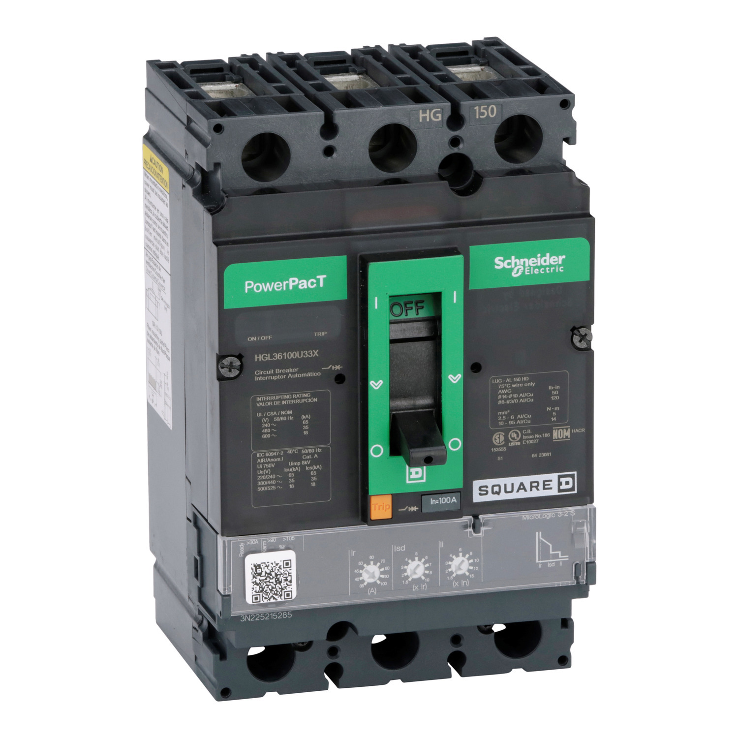 HGL36100U33X Molded Case Circuit Breaker, 100 Amp, 3 Pole, 600V