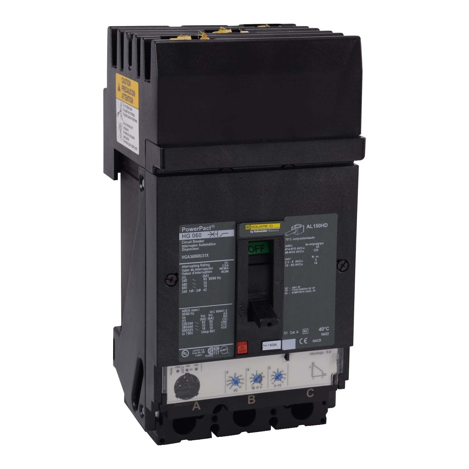 HGA36060U31X Molded Case Circuit Breaker, 60 Amp, 3 Pole, 600V
