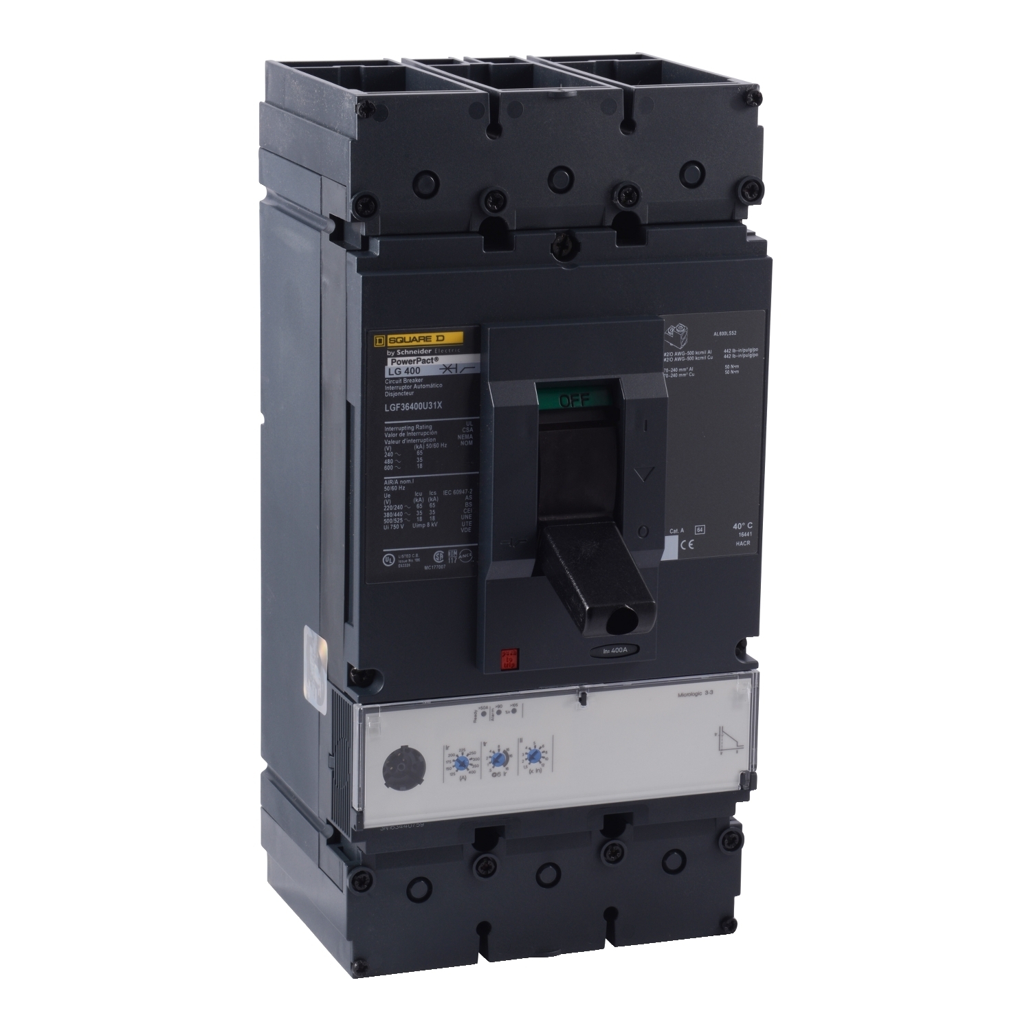 LGF36600U31X PowerPact Standard Molded Case Circuit Breaker, 600 V AC, 600 A, 65 kA at 240 V AC/35 kA at 480 V AC/18 kA at 600 V AC Interrupt, 3 Poles, Electronic Trip