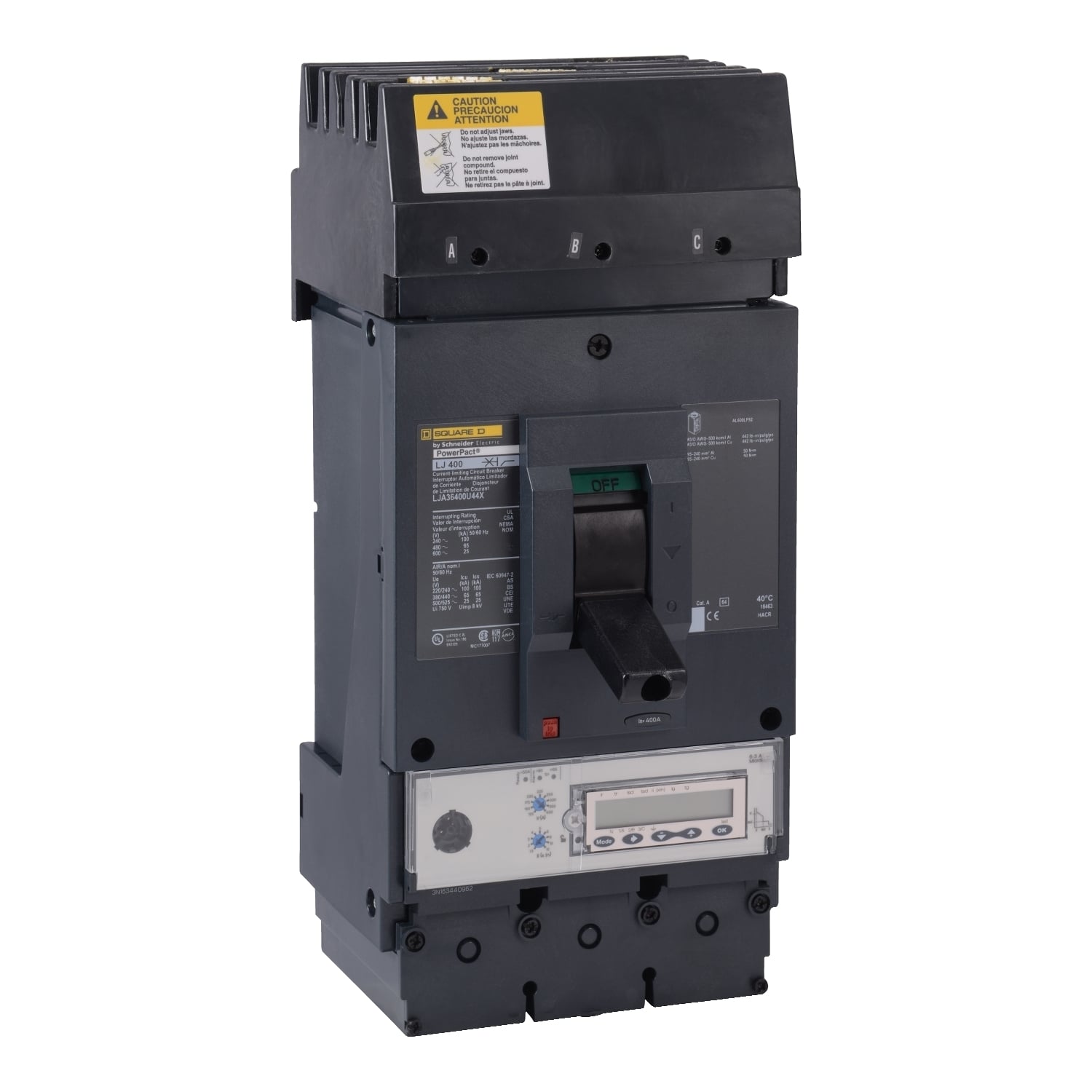 LJA36600U44X I-Line PowerPact 80% Rated L Molded Case Circuit Breaker, 600 V AC, 600 A, 100 kA at 240 V AC/65 kA at 480 V AC/25 kA at 600 V AC Interrupt, 3 Poles, Electronic Trip