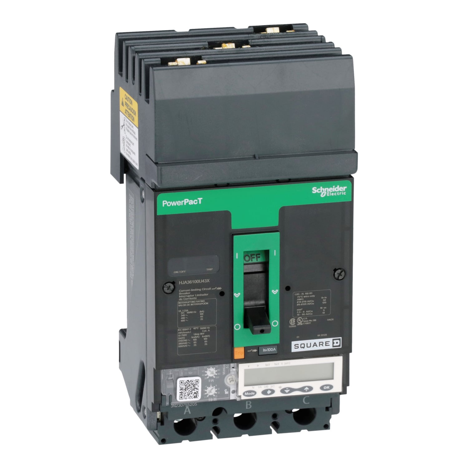 HJA36100U43X I-Line PowerPact Type HJA Molded Case Circuit Breaker, 600 V AC, 100 A, 100 kA at 240 V AC/65 kA at 480 V AC/25 kA at 600 V AC/20 kA at 250 VDC Interrupt, 3 Poles, Electronic Trip