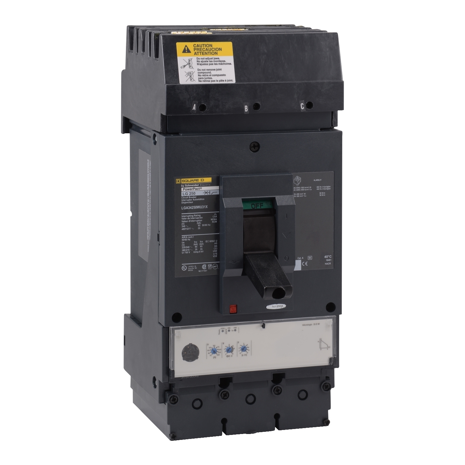 Circuit breaker, PowerPacT L, 250A, 3 pole, 600VAC, 18kA, I-Line, MicroLogic 3.3, 80%, ABC