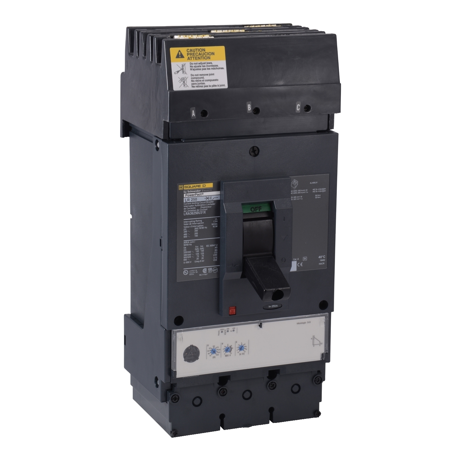 LRA36400U31X I-Line PowerPact Standard L Molded Case Circuit Breaker, 600 V AC, 400 A, 200 kA at 240/480 V AC/100 kA at 600 V AC Interrupt, 3 Poles, Electronic Trip