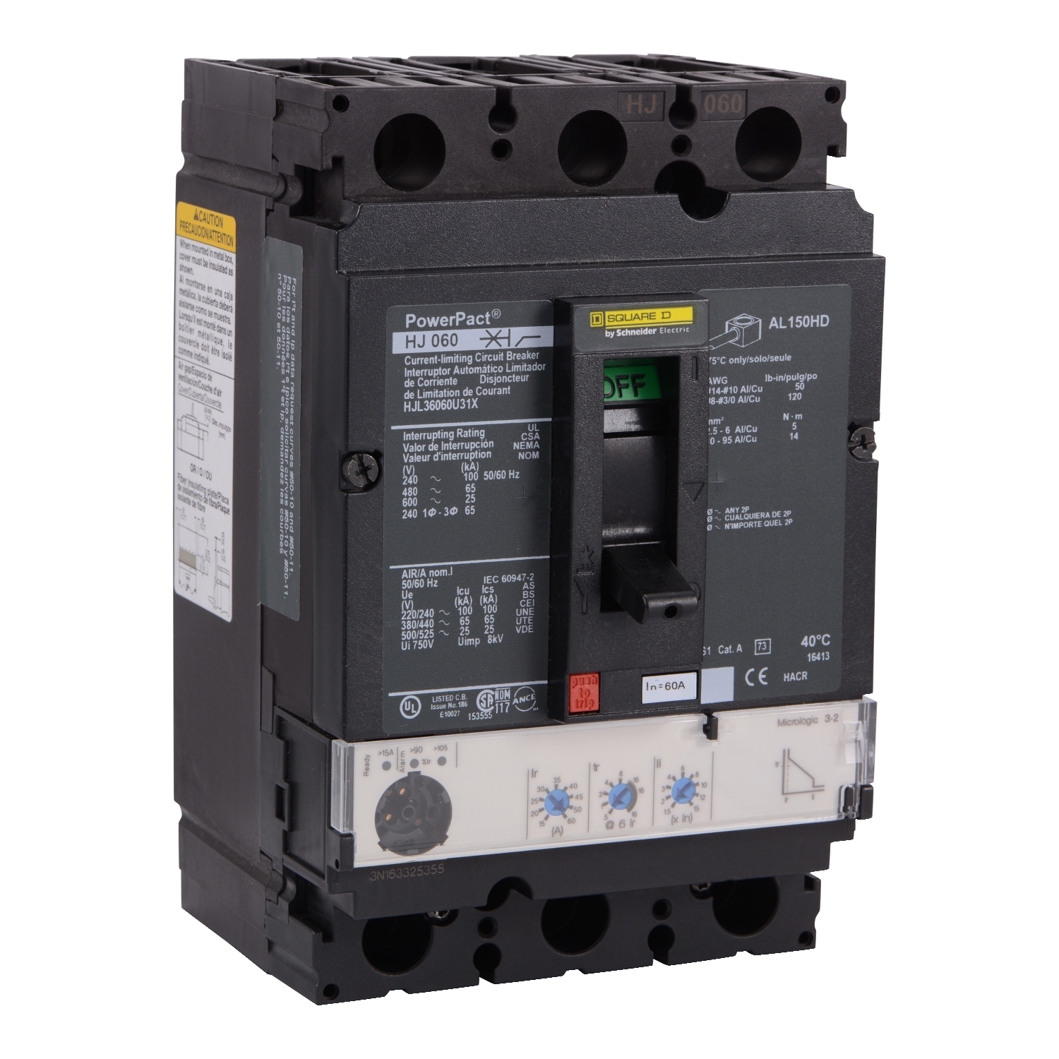 HJL36060U31X Molded Case Circuit Breaker, 60 Amp, 3 Pole, 600V