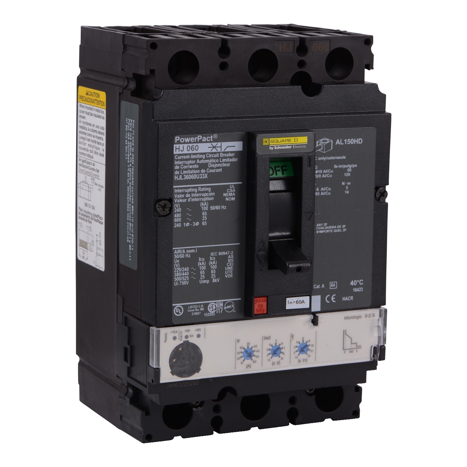 HJL36060U33X PowerPact Type HJL Molded Case Circuit Breaker, 600 V AC, 60 A, 100 kA at 240 V AC/65 kA at 480 V AC/25 kA at 600 V AC/20 kA at 250 VDC Interrupt, 3 Poles, Electronic Trip