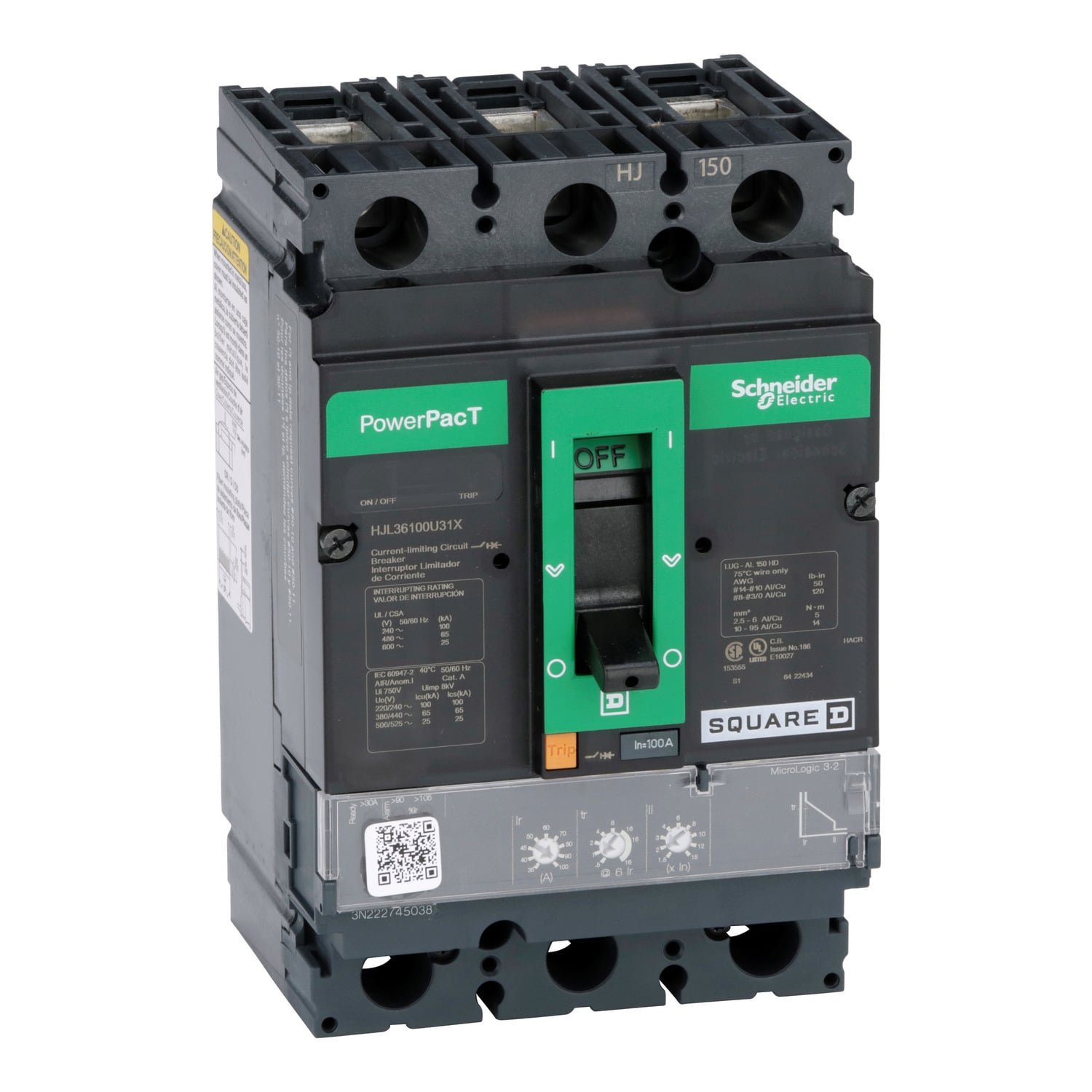 HJL36100U31X Molded Case Circuit Breaker, 100 Amp, 3 Pole, 600V