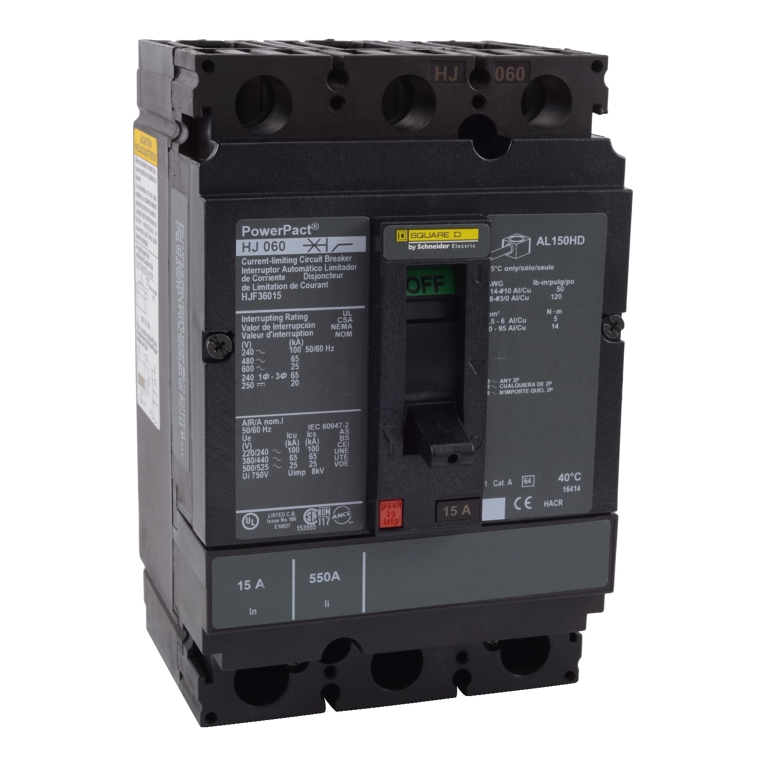 HJF36020 PowerPact Molded Case Circuit Breaker, 600 V AC, 20 A, 100 kA at 240 V AC/65 kA at 480 V AC/25 kA at 600 V AC/20 kA at 250 VDC Interrupt, 3 Poles, Thermal Magnetic Trip