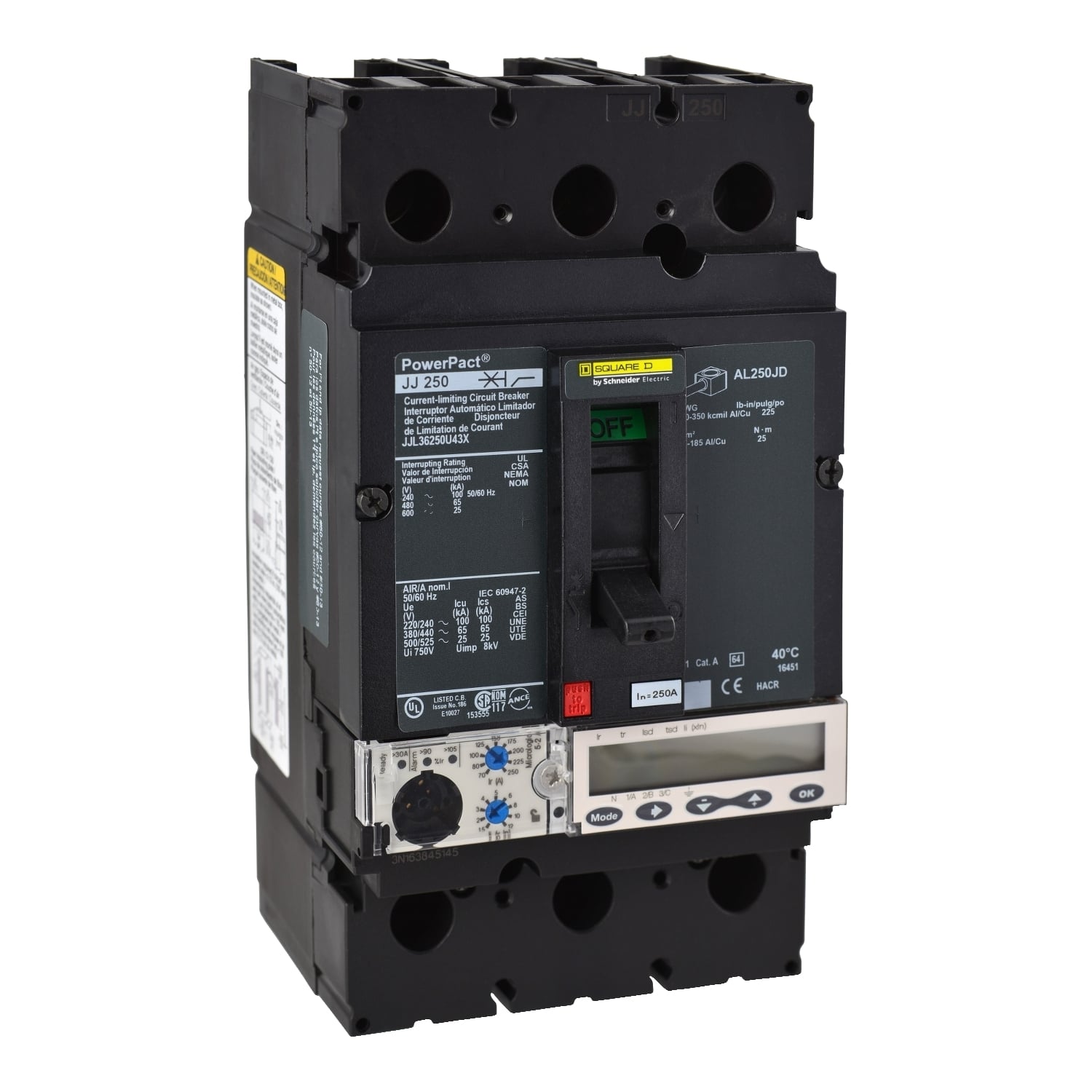 JJL36250U43X PowerPact Molded Case Circuit Breaker, 600 V AC, 250 A, 100 kA at 240 V AC/65 kA at 480 V AC/25 kA at 600 V AC/20 kA at 250 VDC Interrupt, 3 Poles, Electronic Trip