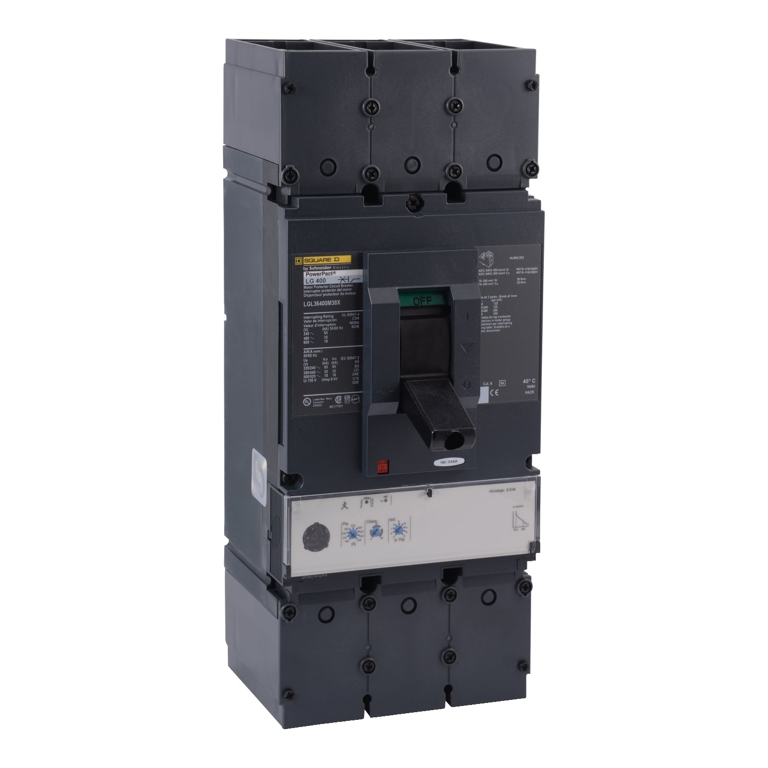 LGL36600M38X PowerPact Motor Circuit Protector, 600 V AC, 600 A, 18 kA at 600 V AC/65 kA at 240 V AC/35 kA at 480 V AC Interrupt, 3 Poles, Magnetic Trip