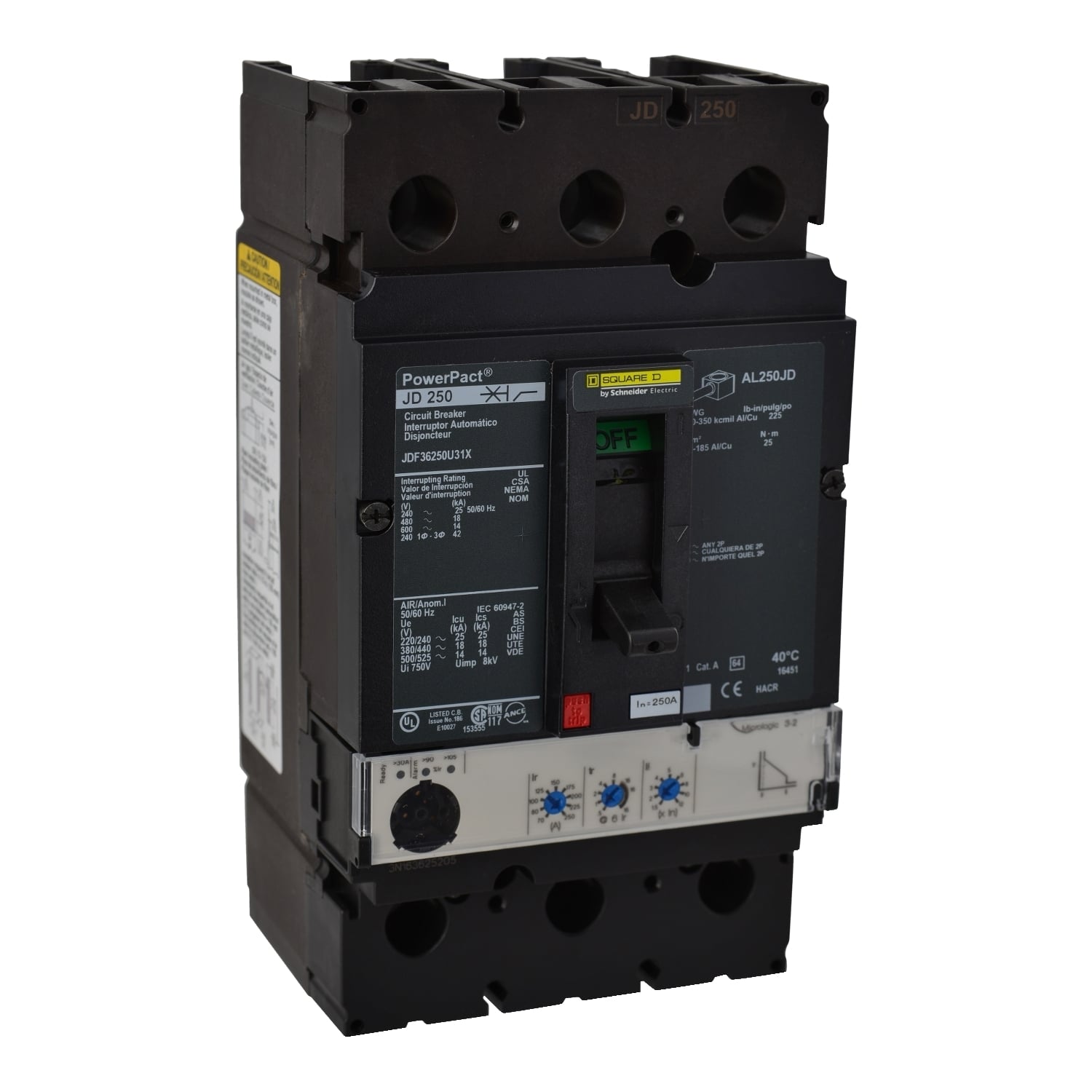 JDF36250U31X PowerPact Molded Case Circuit Breaker, 600 V AC/250 V DC, 250 A, 25 kA at 240 VAC, 18 kA at 480 VAC, 14 kA at 600 VAC, 20 kA at 250 VDC Interrupt, 3 Poles, Electronic Trip