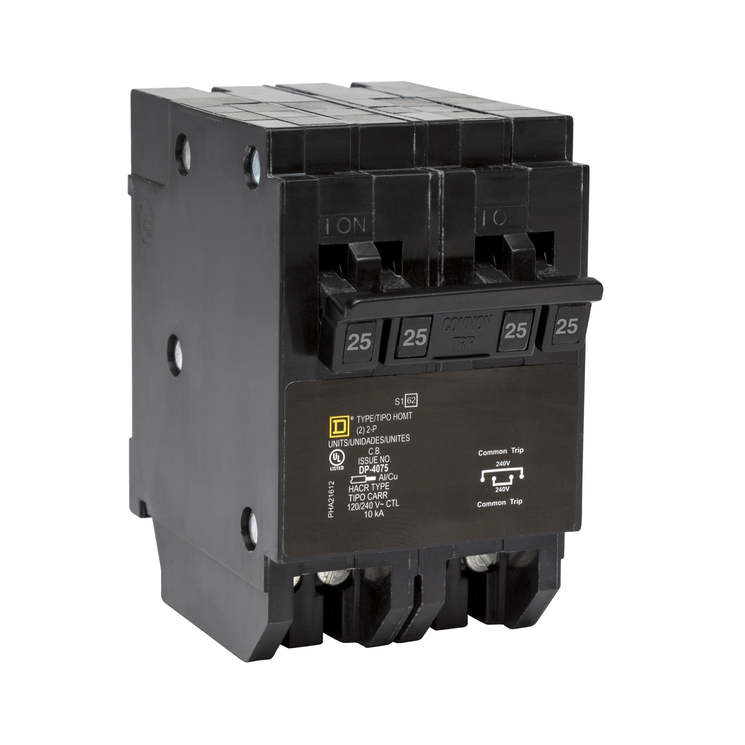 Quad tandem circuit breaker, Homeline, 2 x 2 pole at 25A, 120/240VAC, 10kA AIR, plug in, UL