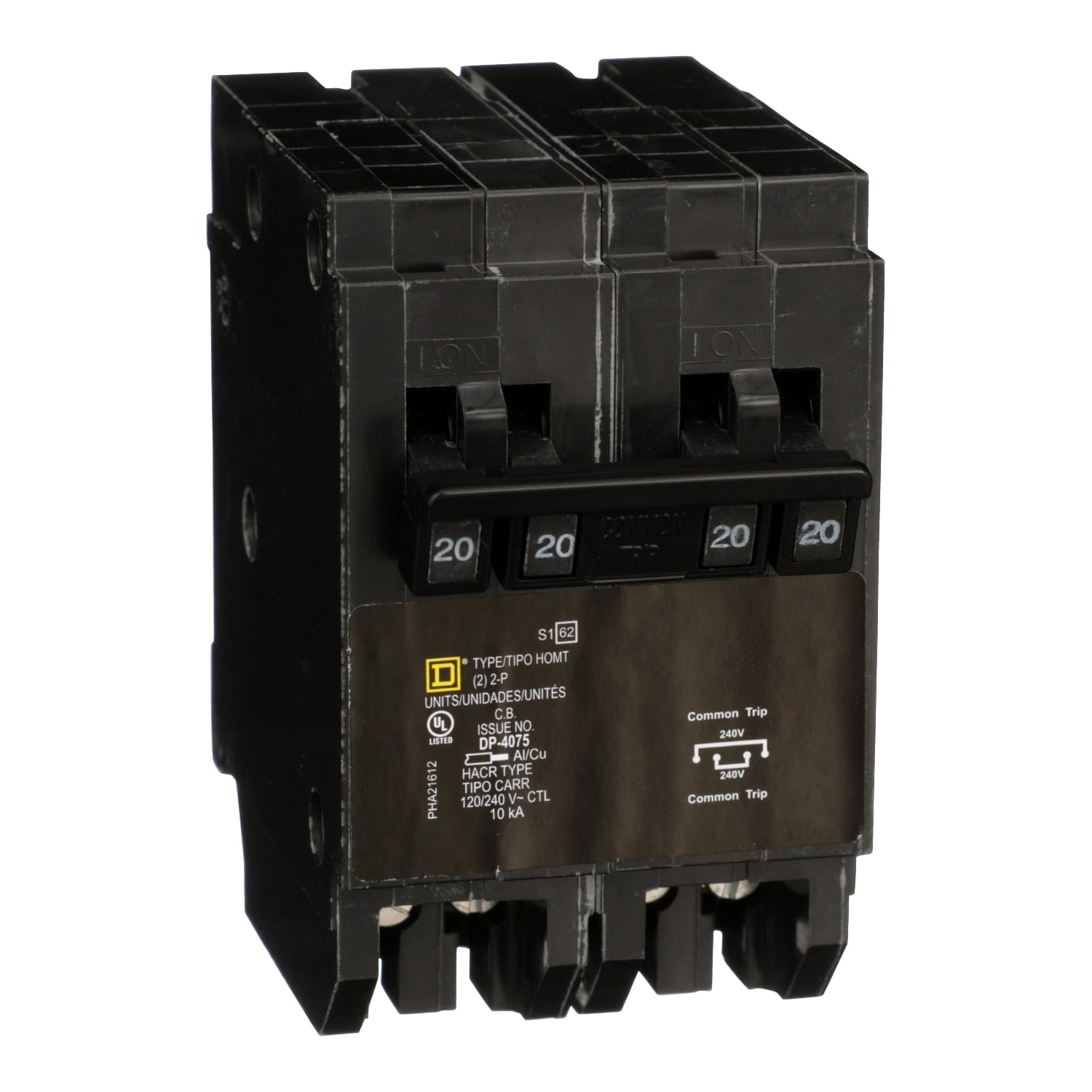 HOMT220220 Homeline Quad tandem circuit breaker, Homeline, 2 x 2 pole at 20A, 120/240VAC, 10kA AIR, plug in, UL