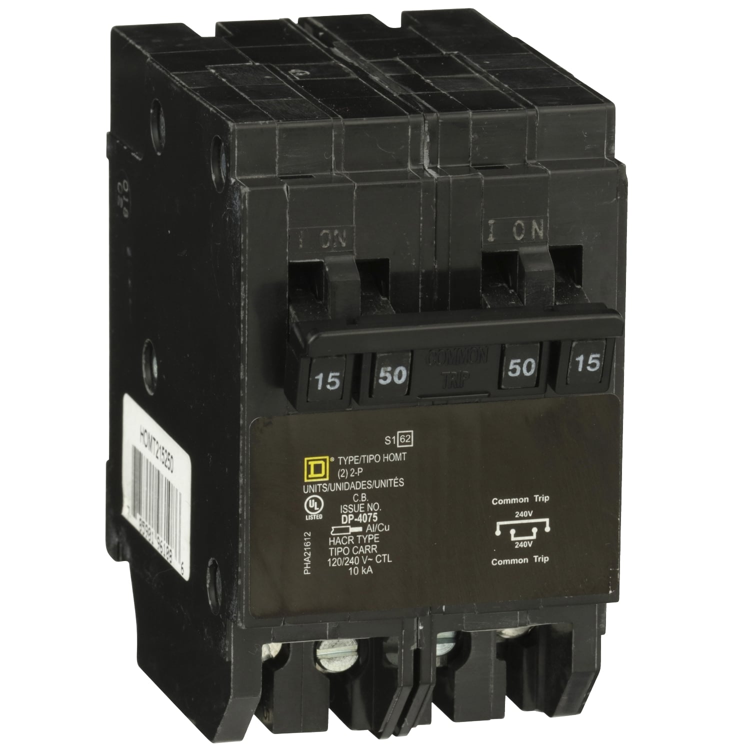 HOMT215250 Homeline Quad tandem circuit breaker, Homeline, 1 x 2 pole at 15A, 1 x 2 pole at 50A, 120/240VAC, 10kA AIR, plug in, UL