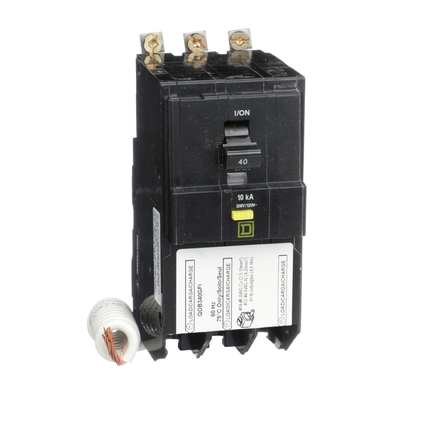 QOB340GFI QO Series Miniature Circuit Breaker, 208Y/120 V AC, 40 A, 10 kA at 208Y/120 V AC Interrupt, 3 Poles