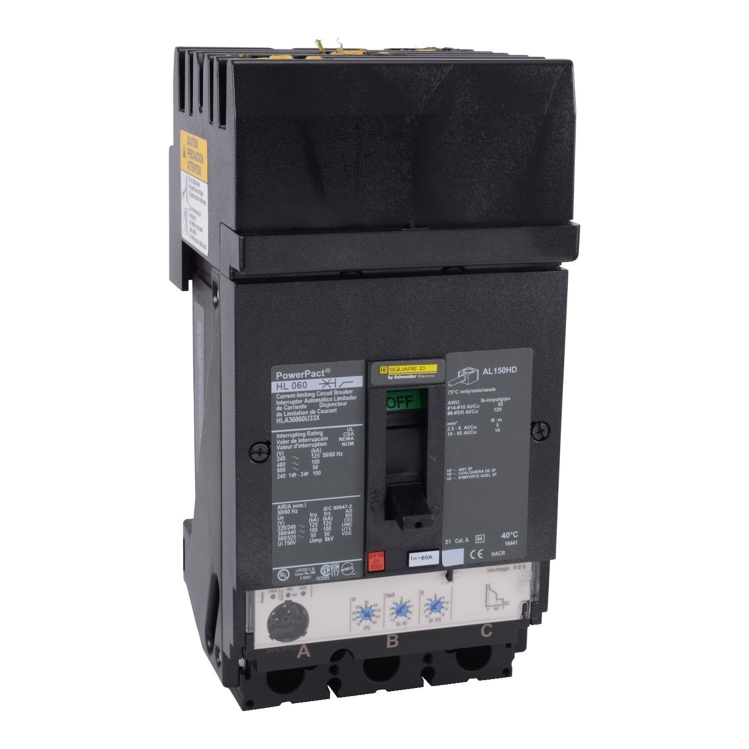 HDA36060U44X PowerPact Molded Case Circuit Breaker, 600 V AC, 60 A, 14 kA Interrupt, 3 Poles, Electronic Trip