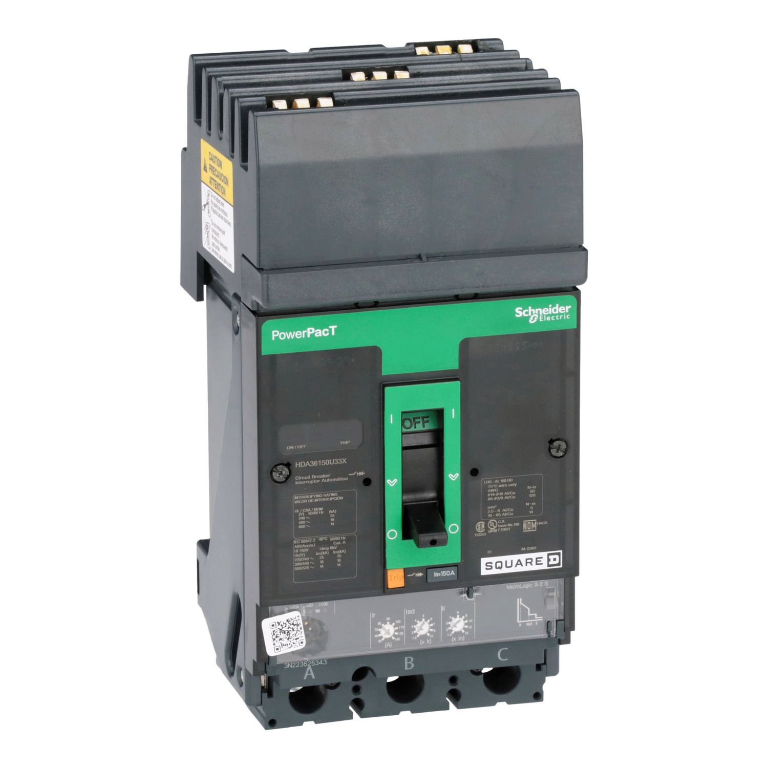 HDA36150U33X PowerPact Molded Case Circuit Breaker, 600 V AC, 150 A, 14 kA Interrupt, 3 Poles, Electronic Trip