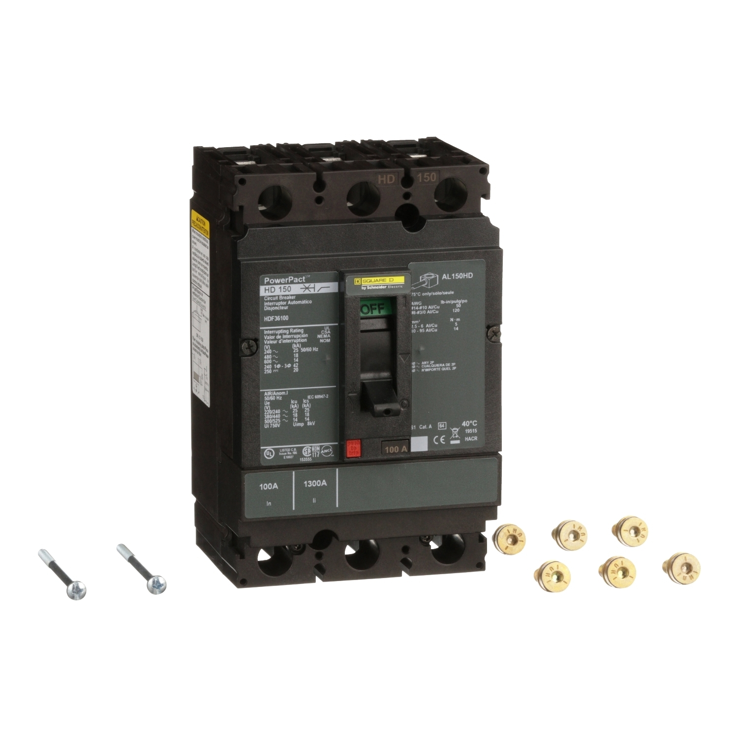 HDF36100 PowerPact Molded Case Circuit Breaker, 600 V AC, 100 A, 14 kA Interrupt, 3 Poles, Thermal Magnetic Trip