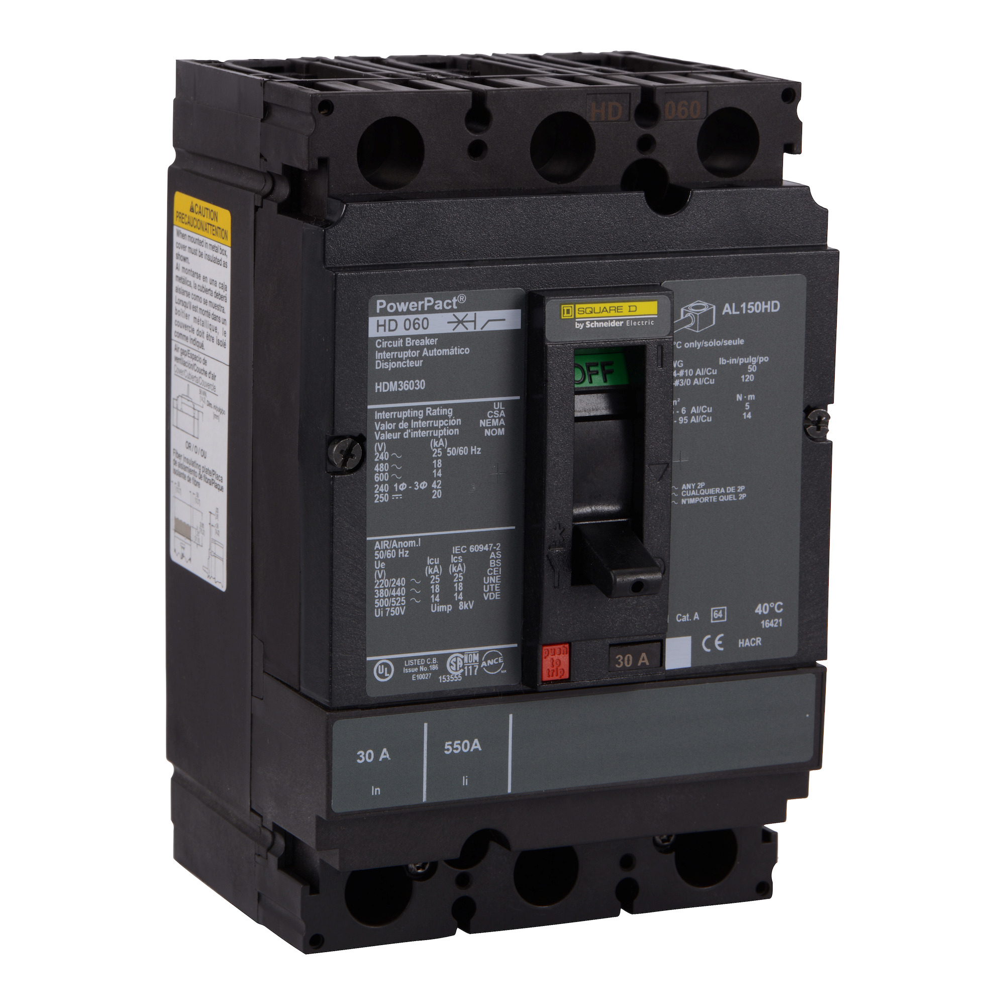 HDM36080 PowerPact Molded Case Circuit Breaker, 600 V AC, 80 A, 14 kA Interrupt, 3 Poles, Thermal Magnetic Trip