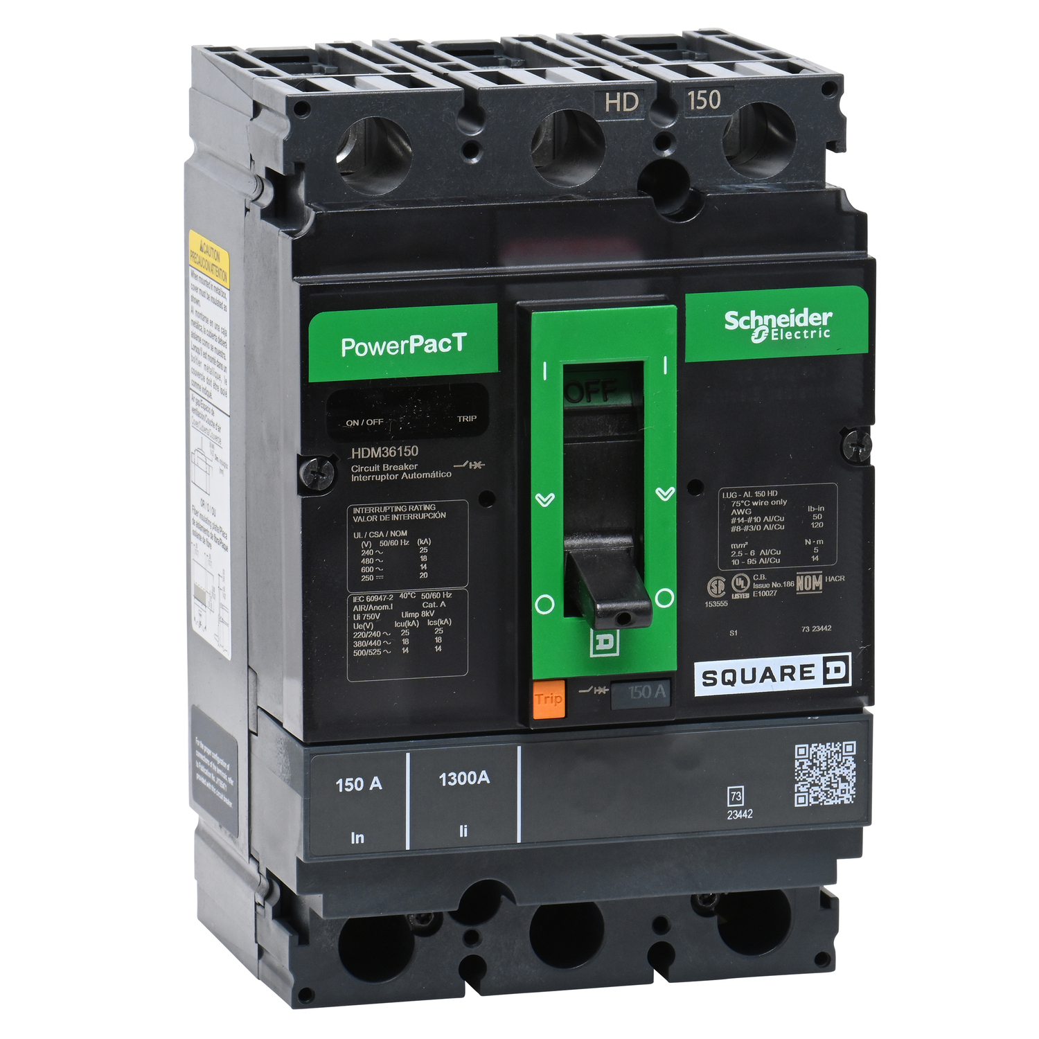 HDM36150 PowerPact Molded Case Circuit Breaker, 600 V AC, 150 A, 14 kA Interrupt, 3 Poles, Thermal Magnetic Trip