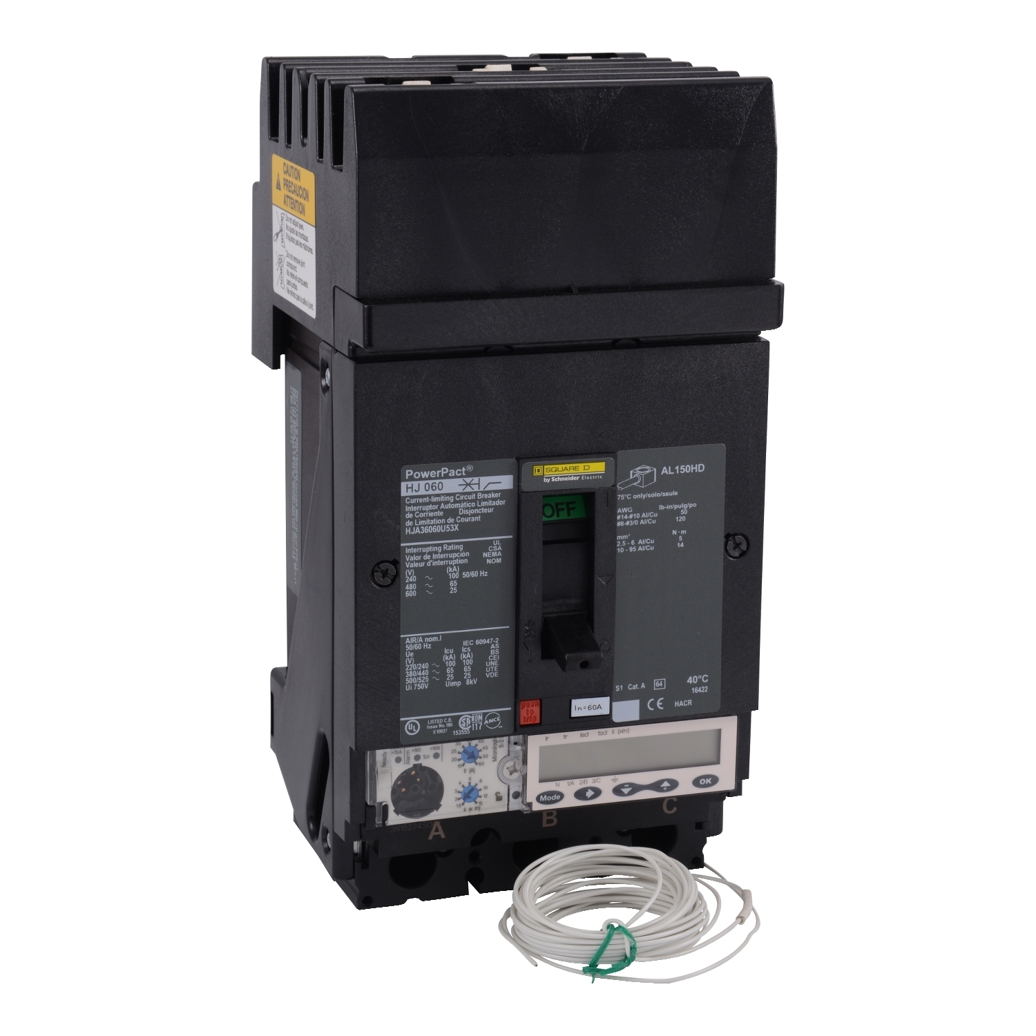 HJA36060U53X PowerPact Molded Case Circuit Breaker, 600 V AC, 60 A, 25 kA Interrupt, 3 Poles, Electronic Trip