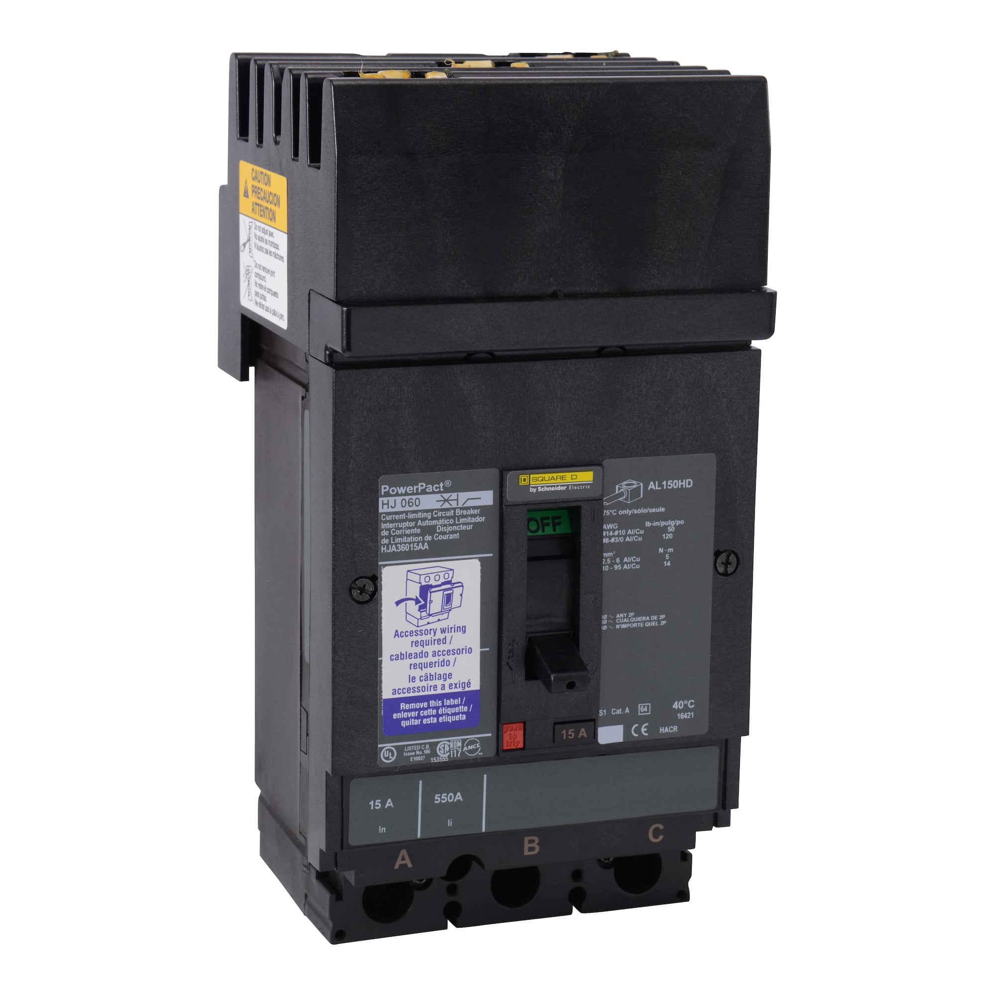 HJA36150SN PowerPact Molded Case Circuit Breaker, 600 V AC, 150 A, 25 kA Interrupt, 3 Poles, Thermal Magnetic Trip