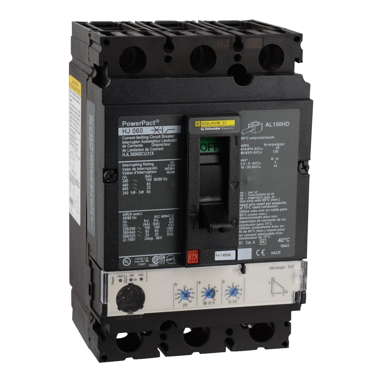 Circuit breaker, PowerPacT H, 60A, 3 pole, 600VAC, 25kA, lugs, Micrologic 3.2, 100%