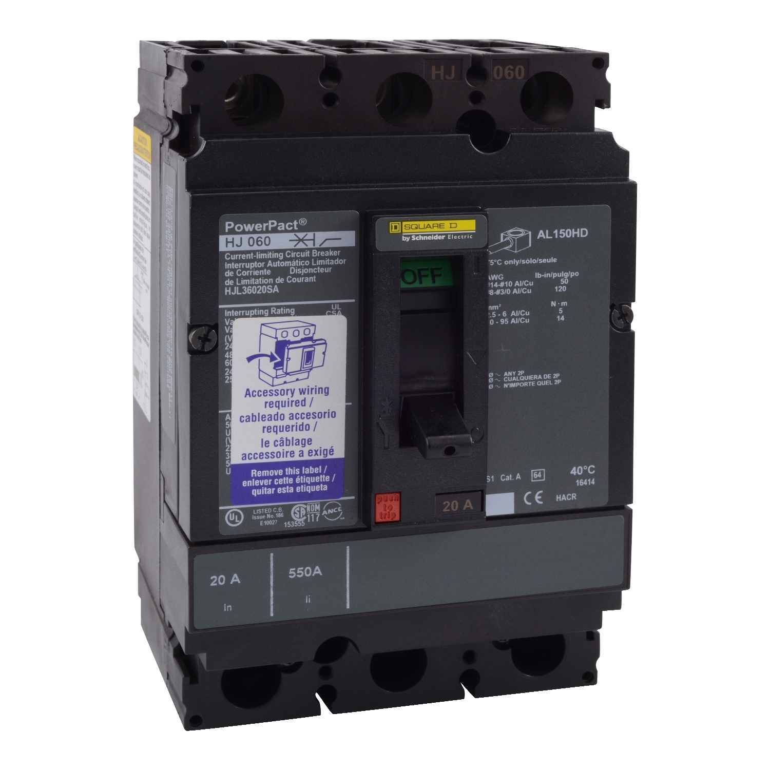 HJL36100AA PowerPact Molded Case Circuit Breaker, 600 V AC, 100 A, 25 kA Interrupt, 3 Poles, Thermal Magnetic Trip
