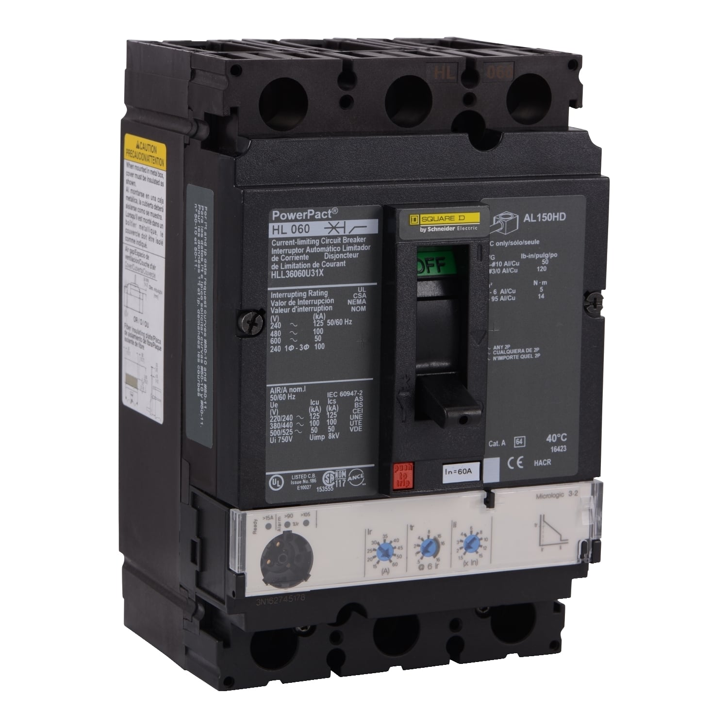 HLL36100U31X PowerPact Molded Case Circuit Breaker, 600 V AC, 100 A, 50 kA Interrupt, 3 Poles, Electronic Trip