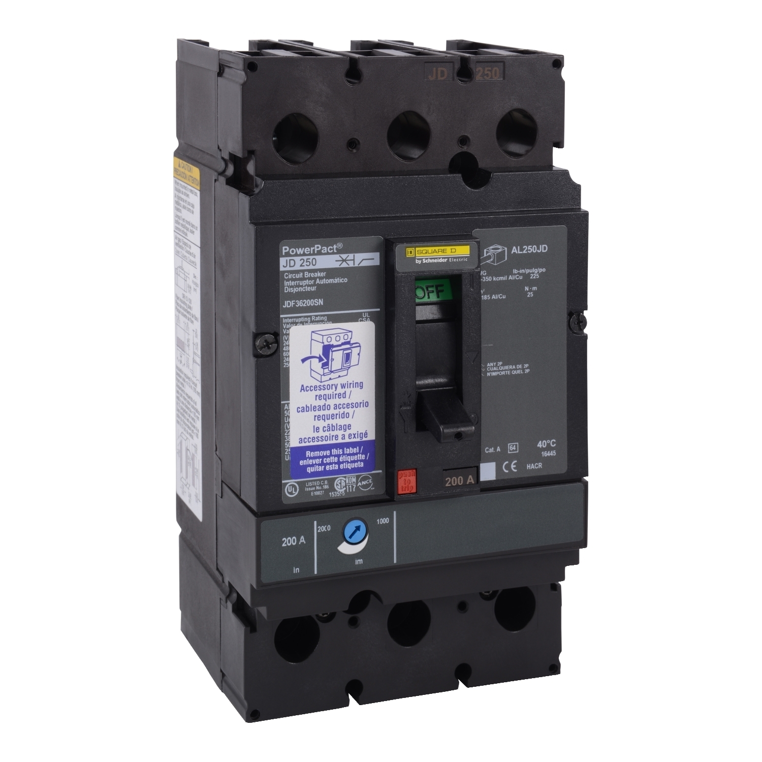 JDF36200SN PowerPact Molded Case Circuit Breaker, 600 V AC, 200 A, 14 kA Interrupt, 3 Poles, Thermal Magnetic Trip