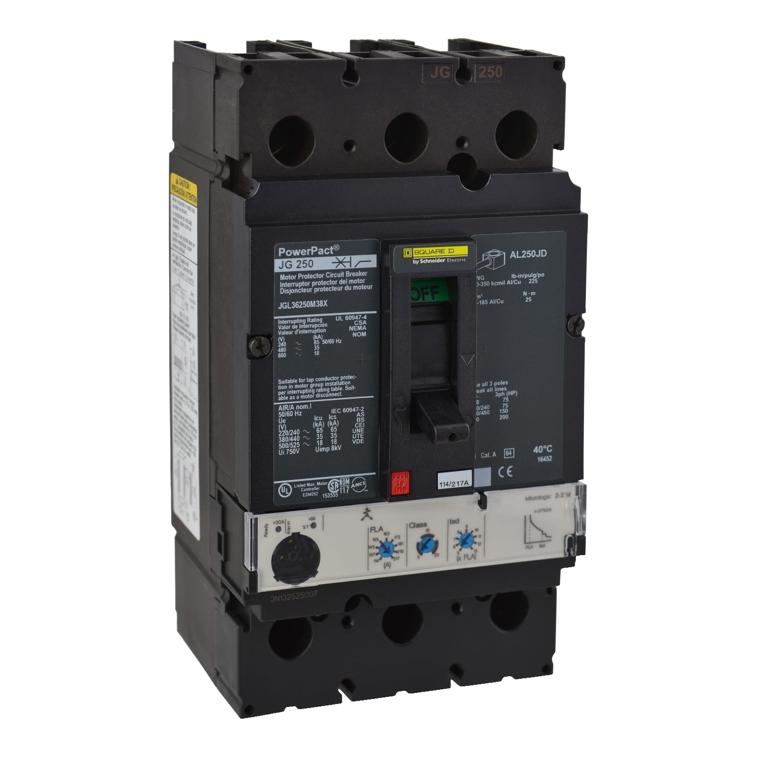 JGL36250M38X PowerPact Motor Circuit Protector, 600 V AC, 250 A, 18 Interrupt, 3 Poles, Magnetic Trip