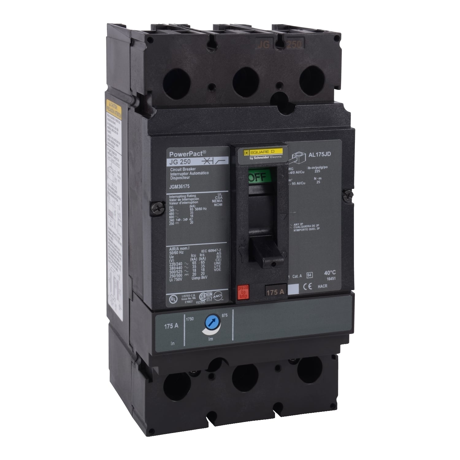 JGM36225 PowerPact Molded Case Circuit Breaker, 600 V AC, 225 A, 18 kA Interrupt, 3 Poles, Thermal Magnetic Trip