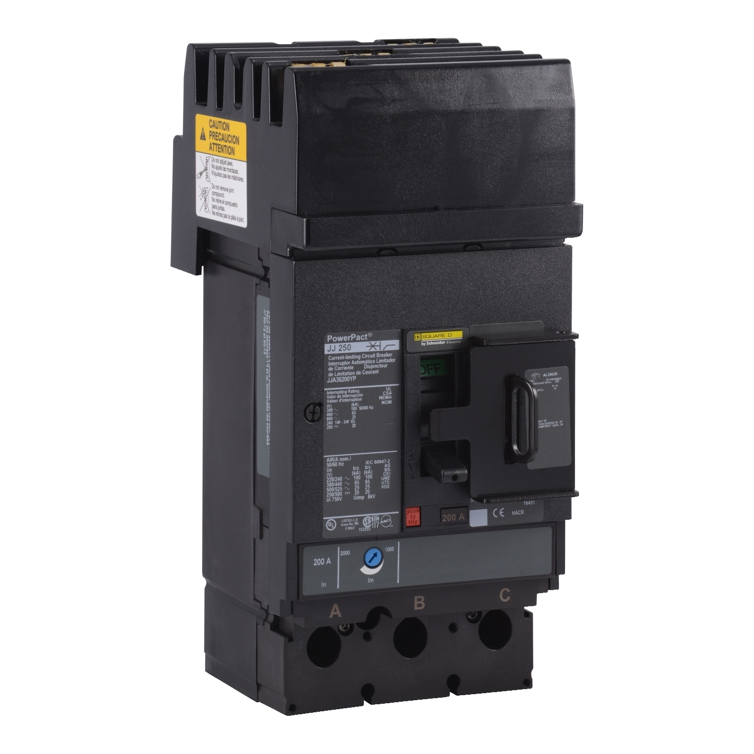 JJA36200YP PowerPact Molded Case Circuit Breaker, 600 V AC, 200 A, 25 kA Interrupt, 3 Poles, ThermaMagnetic Trip