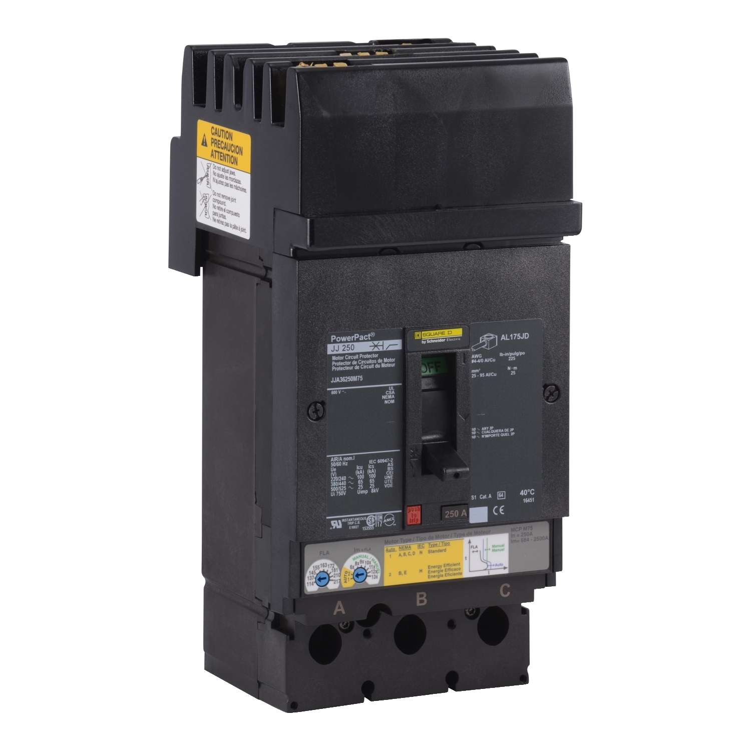 JJA36250M75 Motor Circuit Breaker, 250 Amp, 3 Pole, 600V