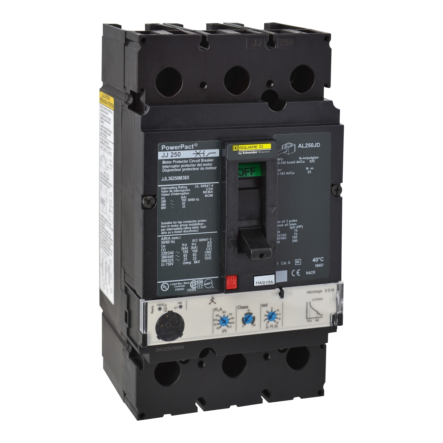 JJL36250M38X Motor Circuit Breaker, 250 Amp, 3 Pole, 600V