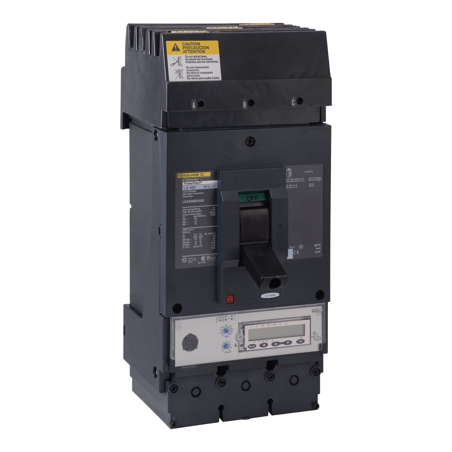 LGA36400U44X PowerPact L Molded Case Circuit Breaker, 600 V AC, 400 A, 18 kA Interrupt, 3 Poles, Electronic Trip