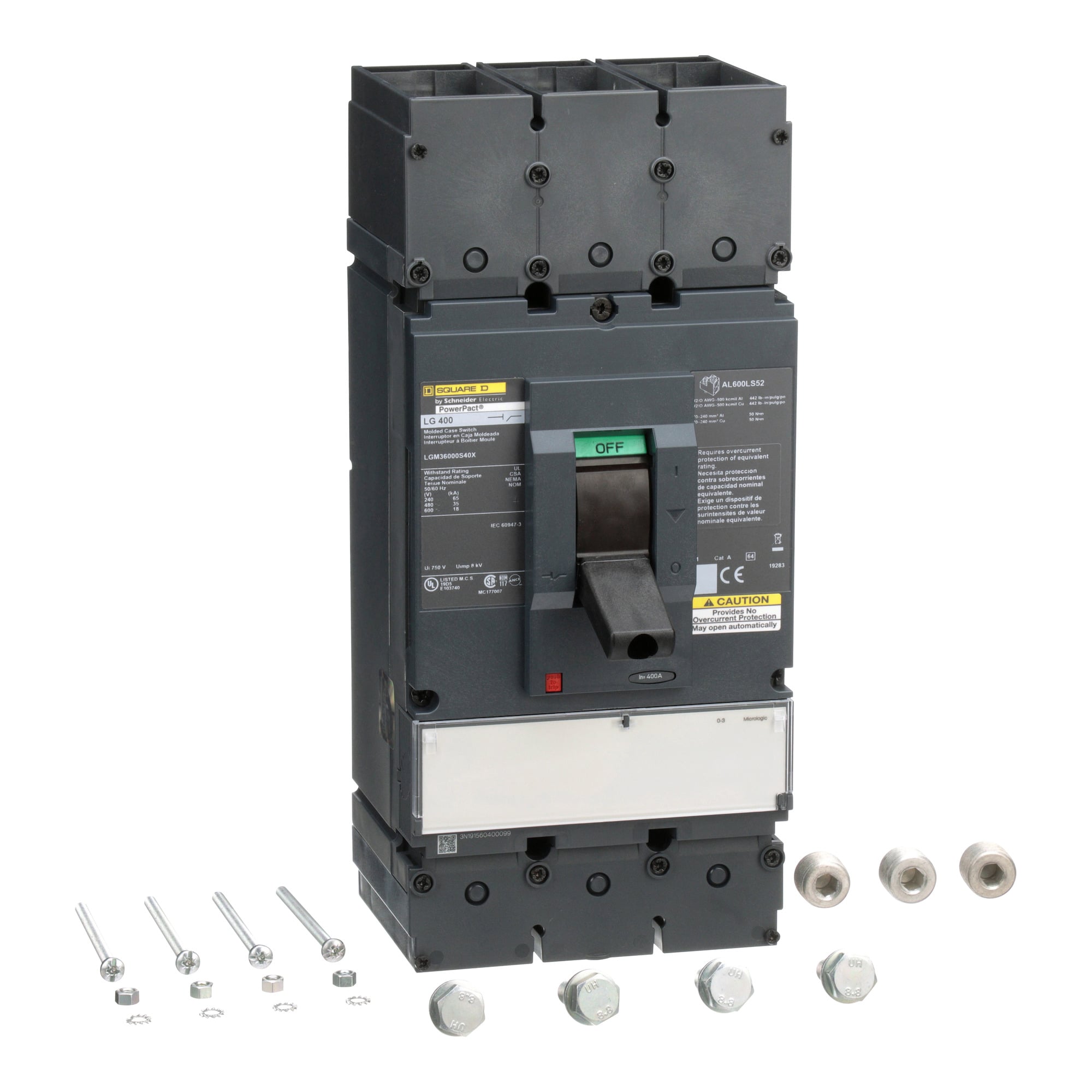 LGM36000S40X PowerPact Molded Case Automatic Switch, 600 V AC, 400 A, 18 kA Interrupt, 3 Poles, Thermal Magnetic Trip