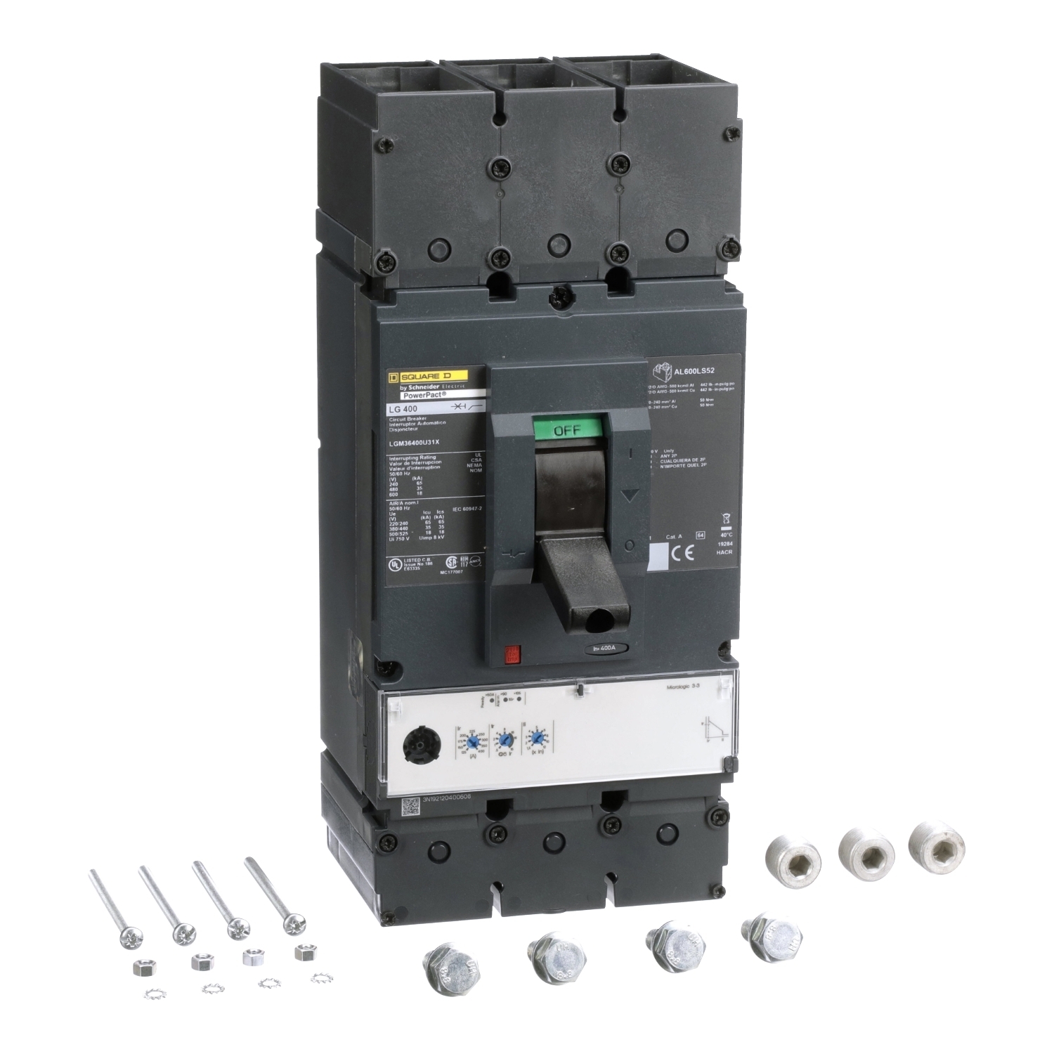 LGM36400U31X PowerPact Molded Case Circuit Breaker, 600 V AC, 400 A, 18 kA Interrupt, 3 Poles, Electronic Trip