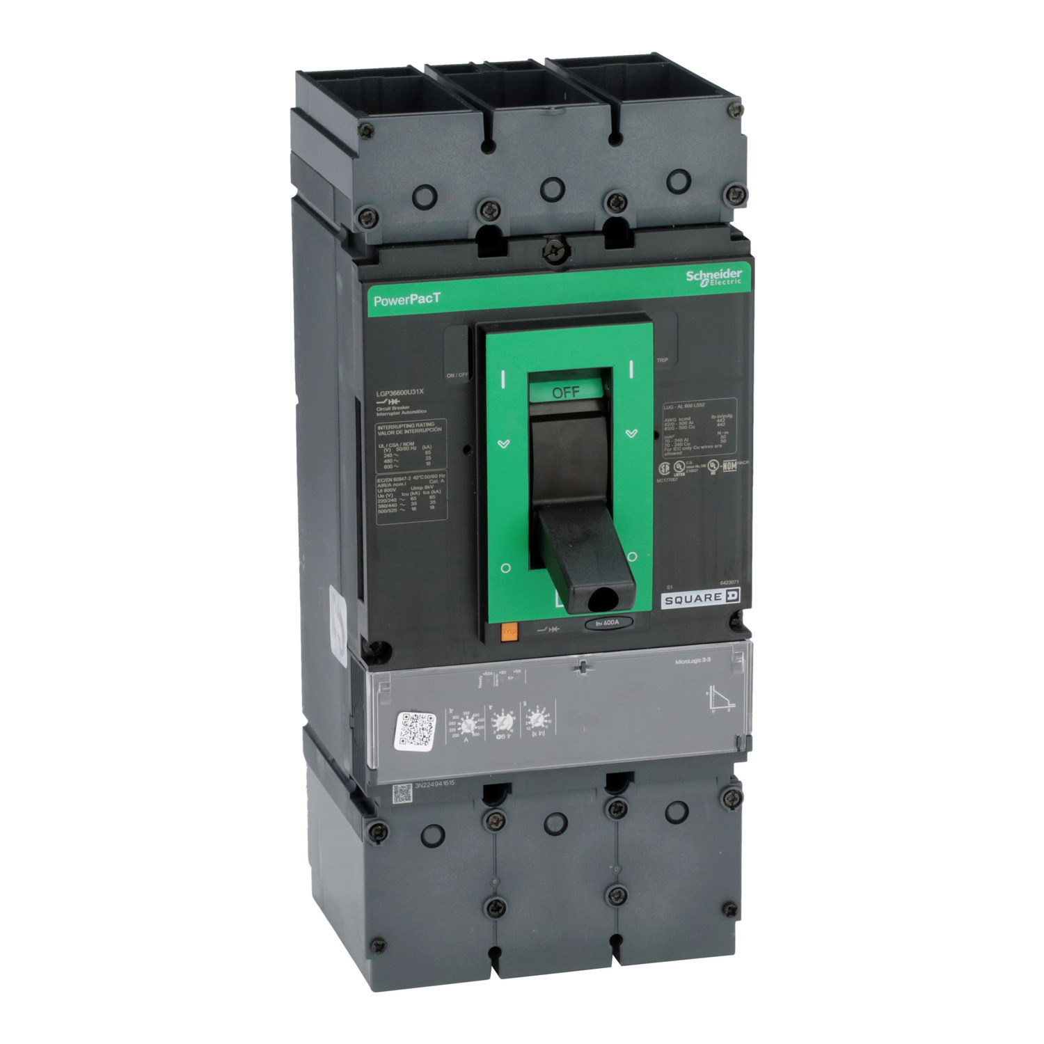 LGP36600U31X PowerPact Molded Case Circuit Breaker, 600 V AC, 600 A, 18 kA Interrupt, 3 Poles, Electronic Trip