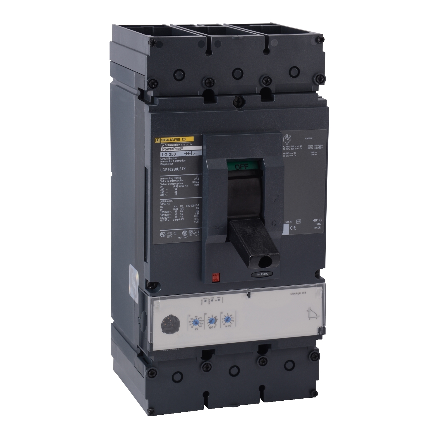 LJP36250U31X PowerPact Molded Case Circuit Breaker, 600 V AC, 250 A, 25 kA Interrupt, 3 Poles, Electronic Trip