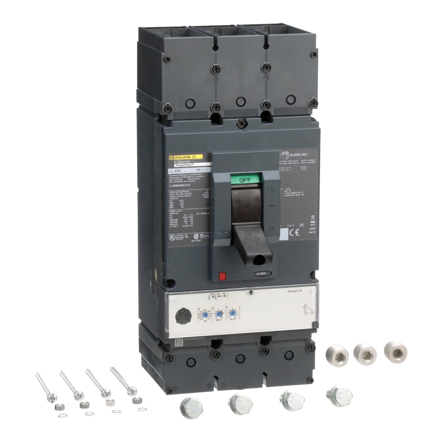 LLM36600U31X PowerPact Molded Case Circuit Breaker, 600 V AC, 600 A, 50 kA Interrupt, 3 Poles, Electronic Trip