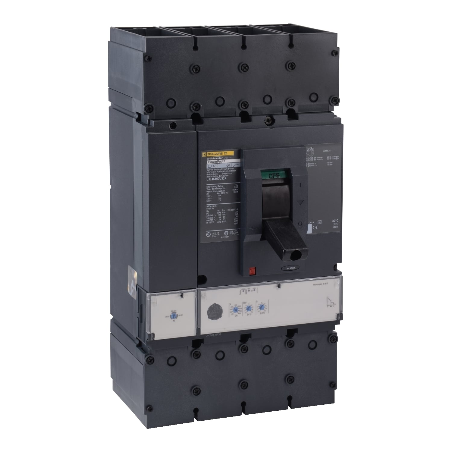 Circuit breaker, PowerPacT L, 600A, 3 pole, 600VAC, 100kA, lugs, MicroLogic 3.3S, 80%
