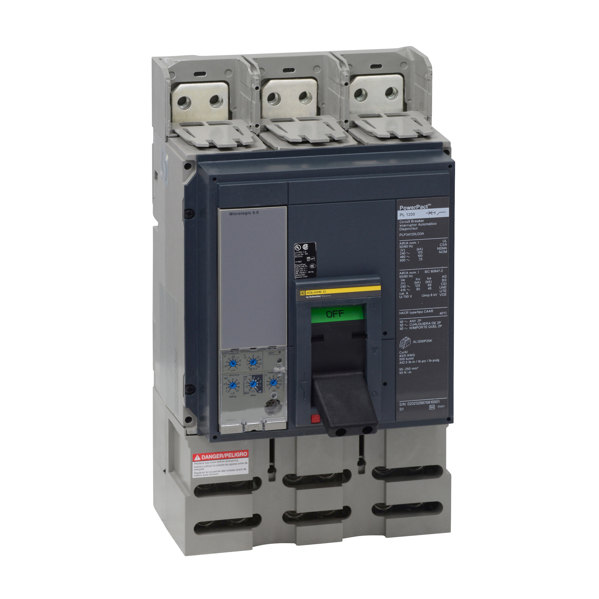 PLF34120CU33AAC PowerPact MasterPact Molded Case Circuit Breaker, 480 V AC, 1200 A, 100 kA Interrupt, 3 Poles, Electronic Trip