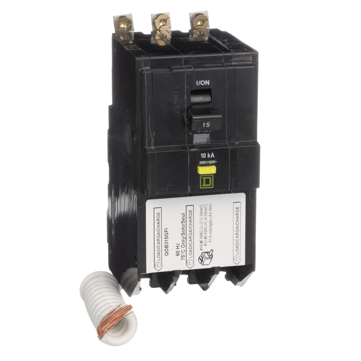 QOB315GFI 3-Space Class A Ground Fault Protecting Miniature Circuit Breaker With Visi-Trip Indicator, 208/120 V AC, 15 A, 10 kA Interrupt, 3 Poles
