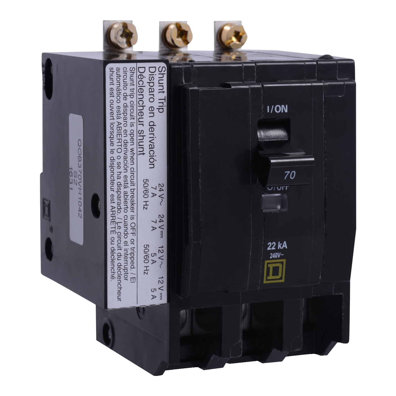 QOB370VH1042 Standard Miniature Circuit Breaker, 120/240 VAC, 70 A, 22 kA Interrupt, 3 Poles, Thermal Magnetic Trip