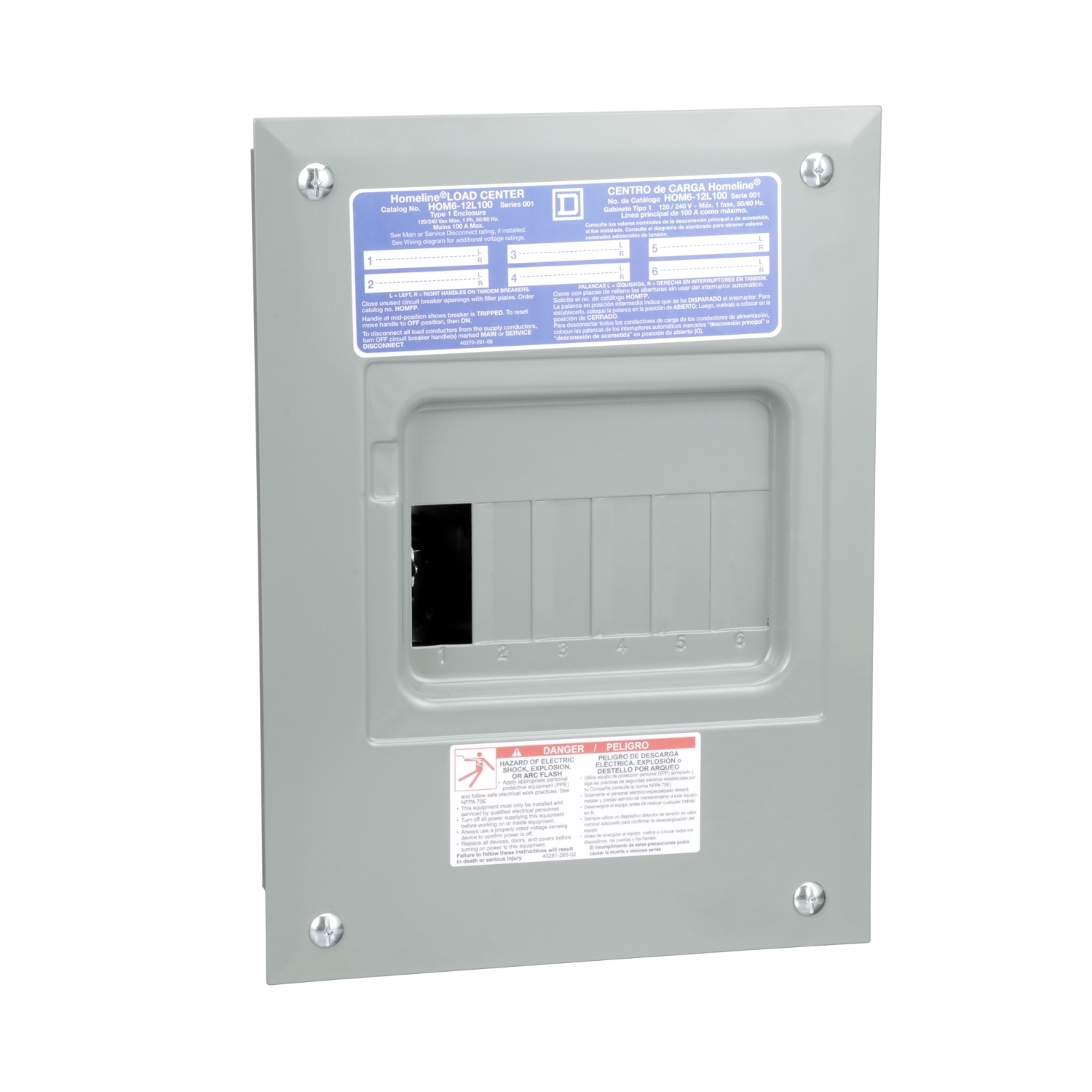 Load center, Homeline, 1 phase, 6 spaces, 12 circuits, 100A fixed main lugs, NEMA1, flush cover, consumer pack