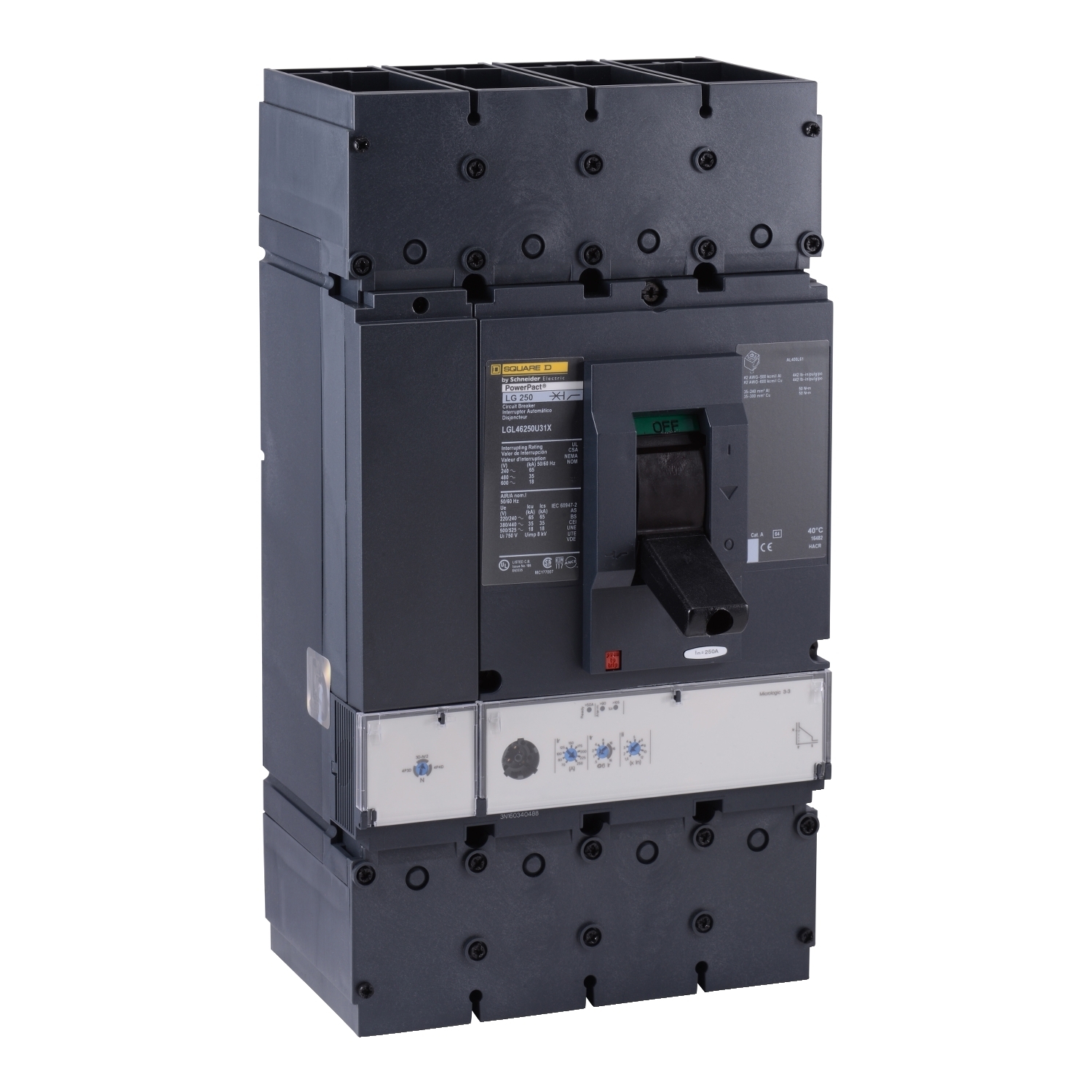 LGL46250U31X PowerPact Molded Case Circuit Breaker, 600 V AC, 250 A, 18 kA at 600 V AC Interrupt, 4 Poles, Electronic Trip
