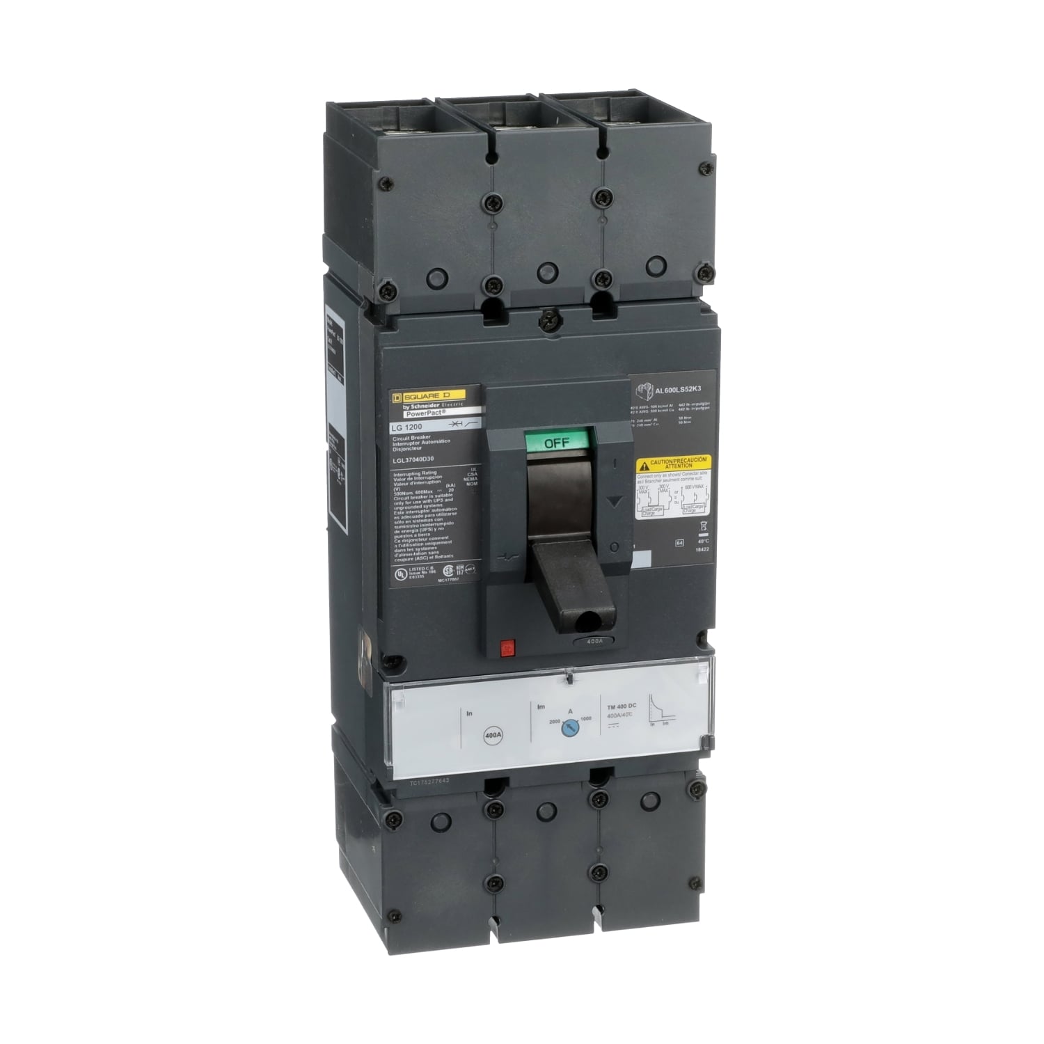 LGL37040D30 PowerPact Molded Case Circuit Breaker, 500 V DC, 400 A, 20 kA Interrupt, 3 Poles, Electronic Trip