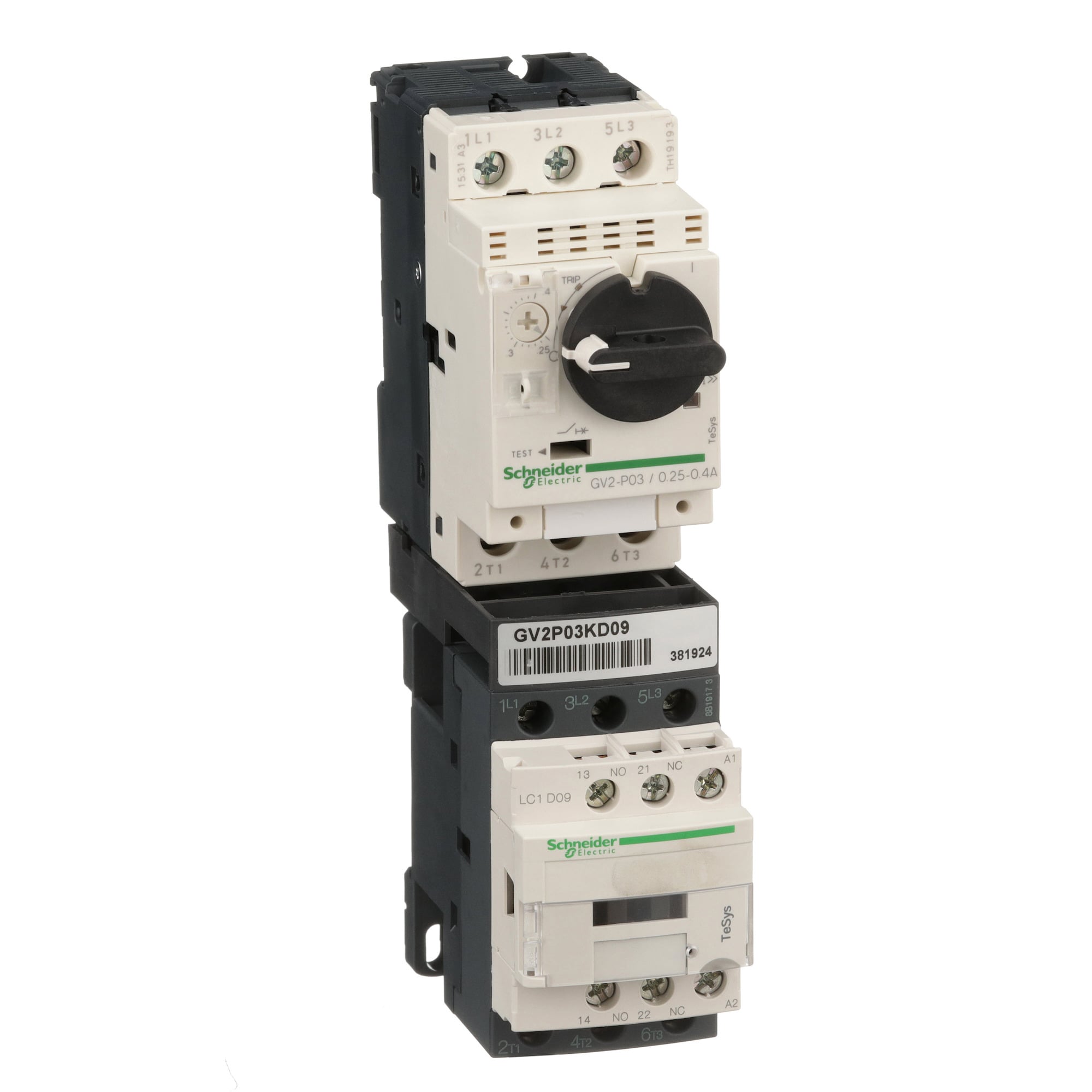 GV2P03KD09BL TeSys GV2 Motor Starter With Safety Cover, 24 VDC V Coil, Direct On-Line Contactor Action, 3 Poles, IP20 Enclosure