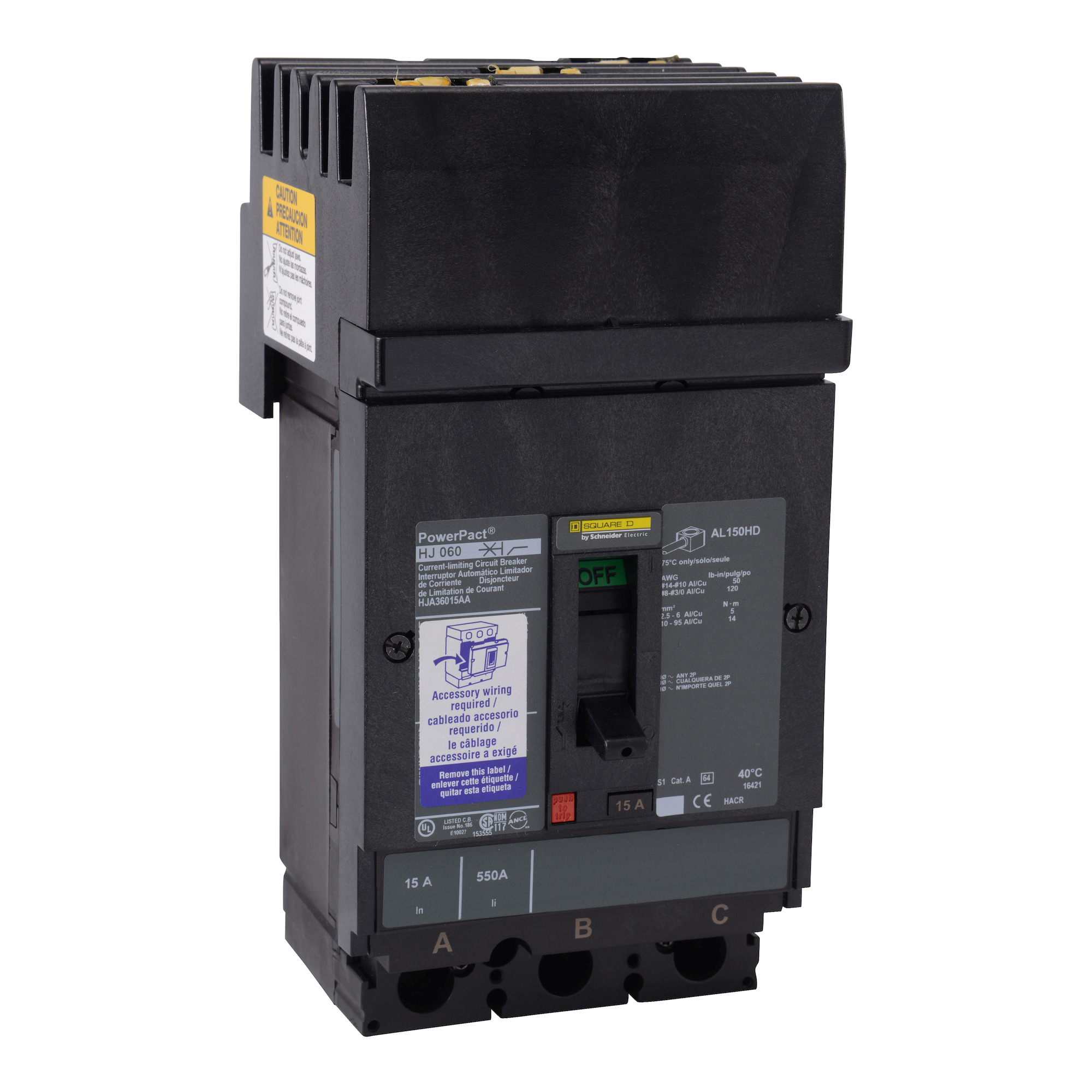 HJA36100SN PowerPact Molded Case Circuit Breaker, 600 V AC, 100 A, 25 kA Interrupt, 3 Poles, Thermal Magnetic Trip