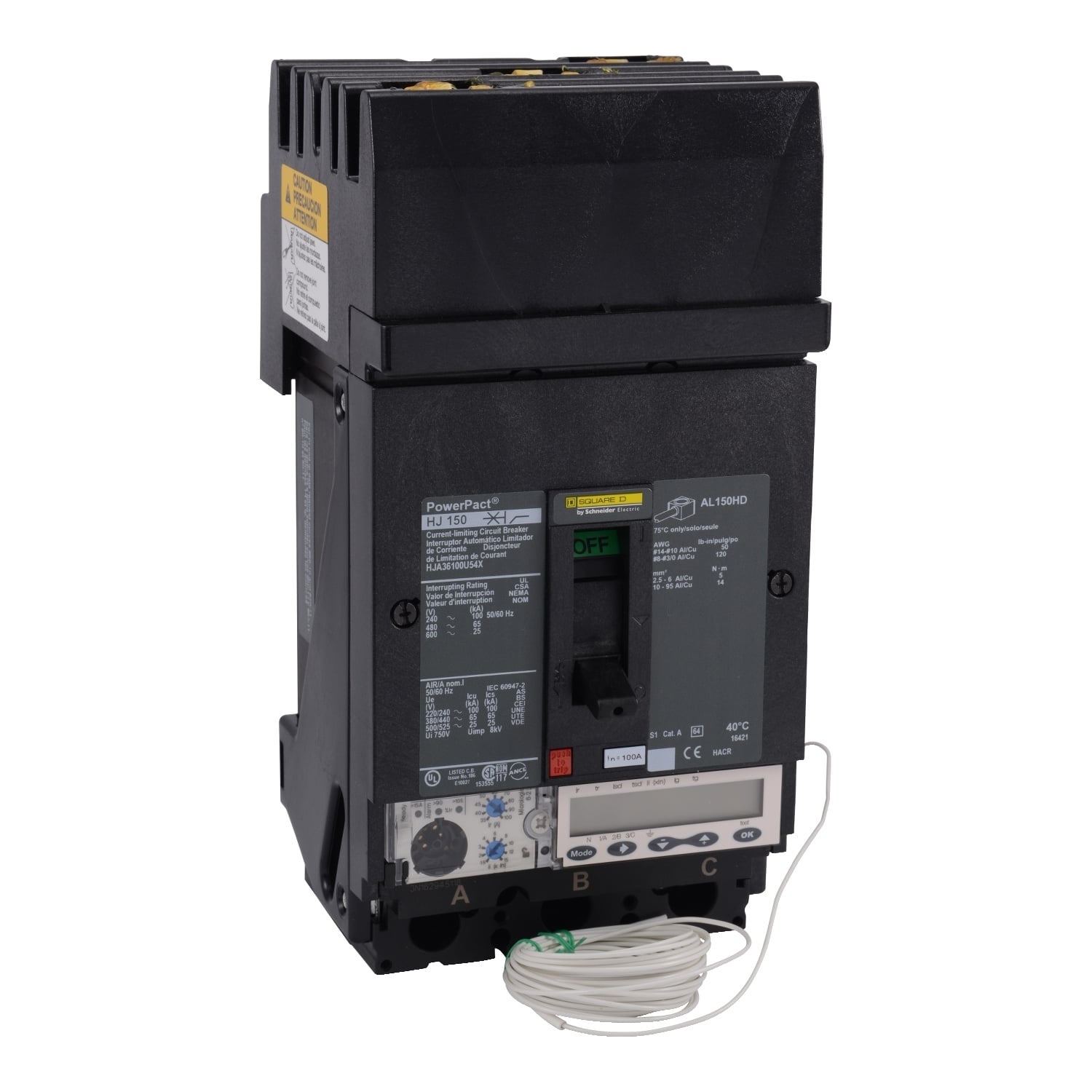 HJA36100U54X PowerPact Molded Case Circuit Breaker, 600 V AC, 100 A, 25 kA Interrupt, 3 Poles, Electronic Trip